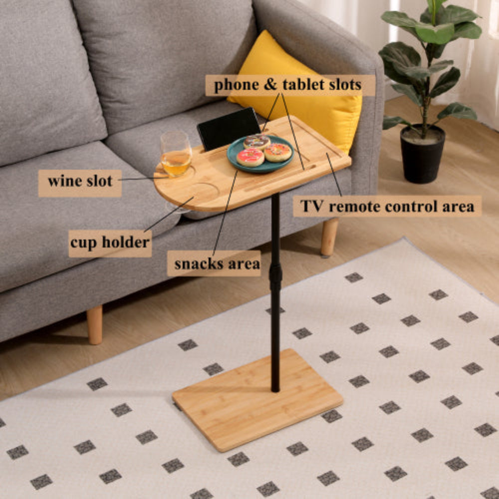 Bamboo Height Adjustable Couch Tray Table, C-Shaped Oval End Table with Slots, Side Table for Sofa, Bed & Chair in Living Room Bedroom Office