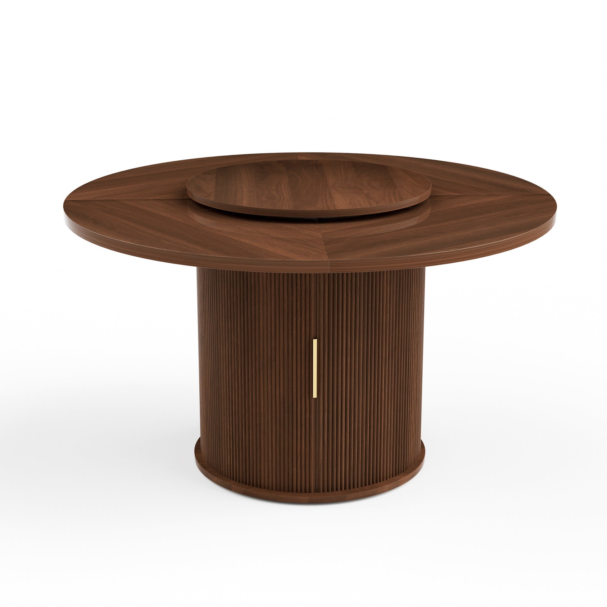 Round Dining Table with Rotating Tray, Double-Tier Storage Rack with Wavy Striped Sliding Doors