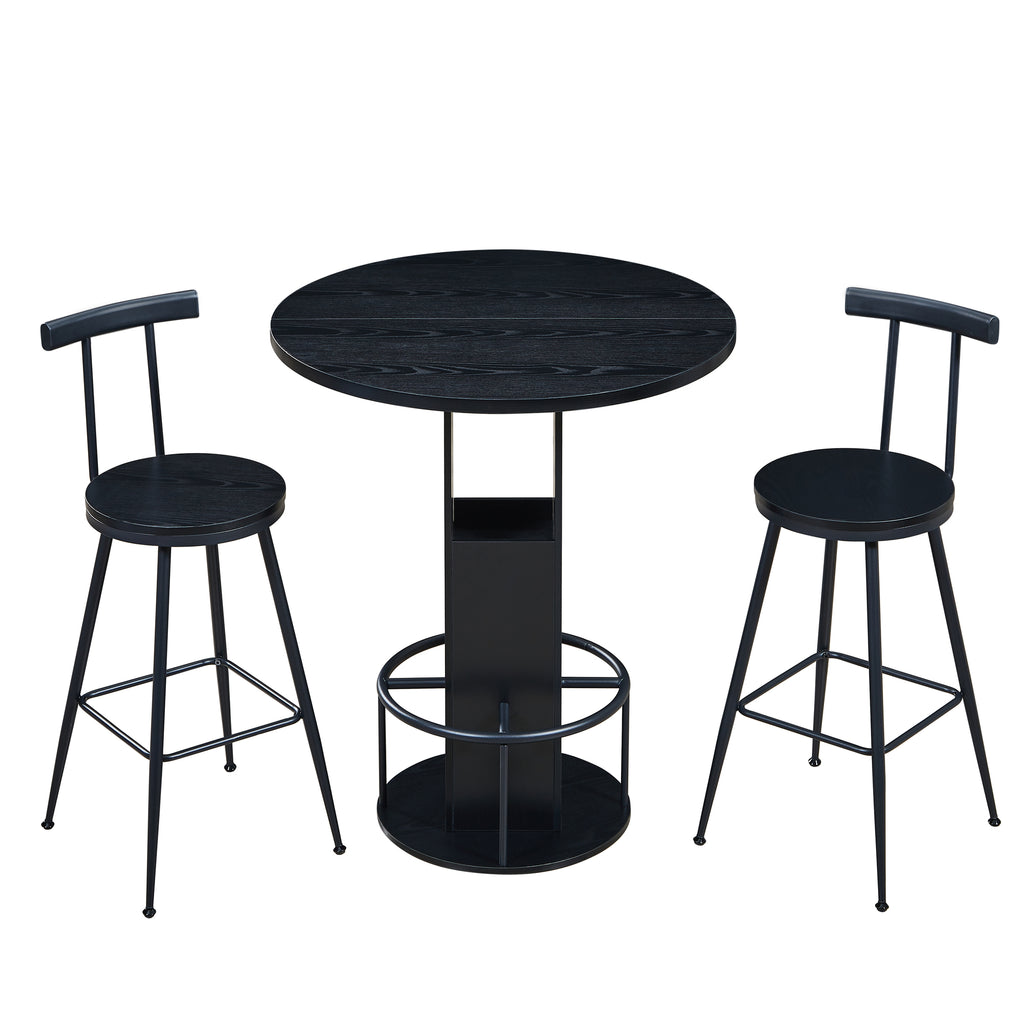 3-Piece Bar Table and Stool Set, Compact Round Wooden Bar Set with Metal Footrest