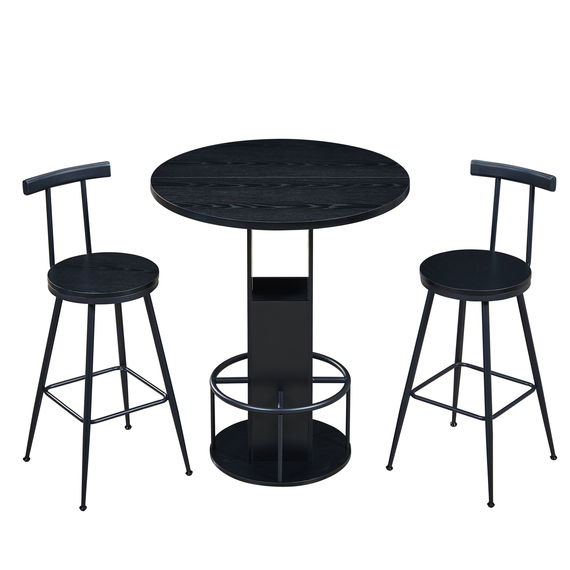 3-Piece Bar Table and Stool Set, Compact Round Wooden Bar Set with Metal Footrest