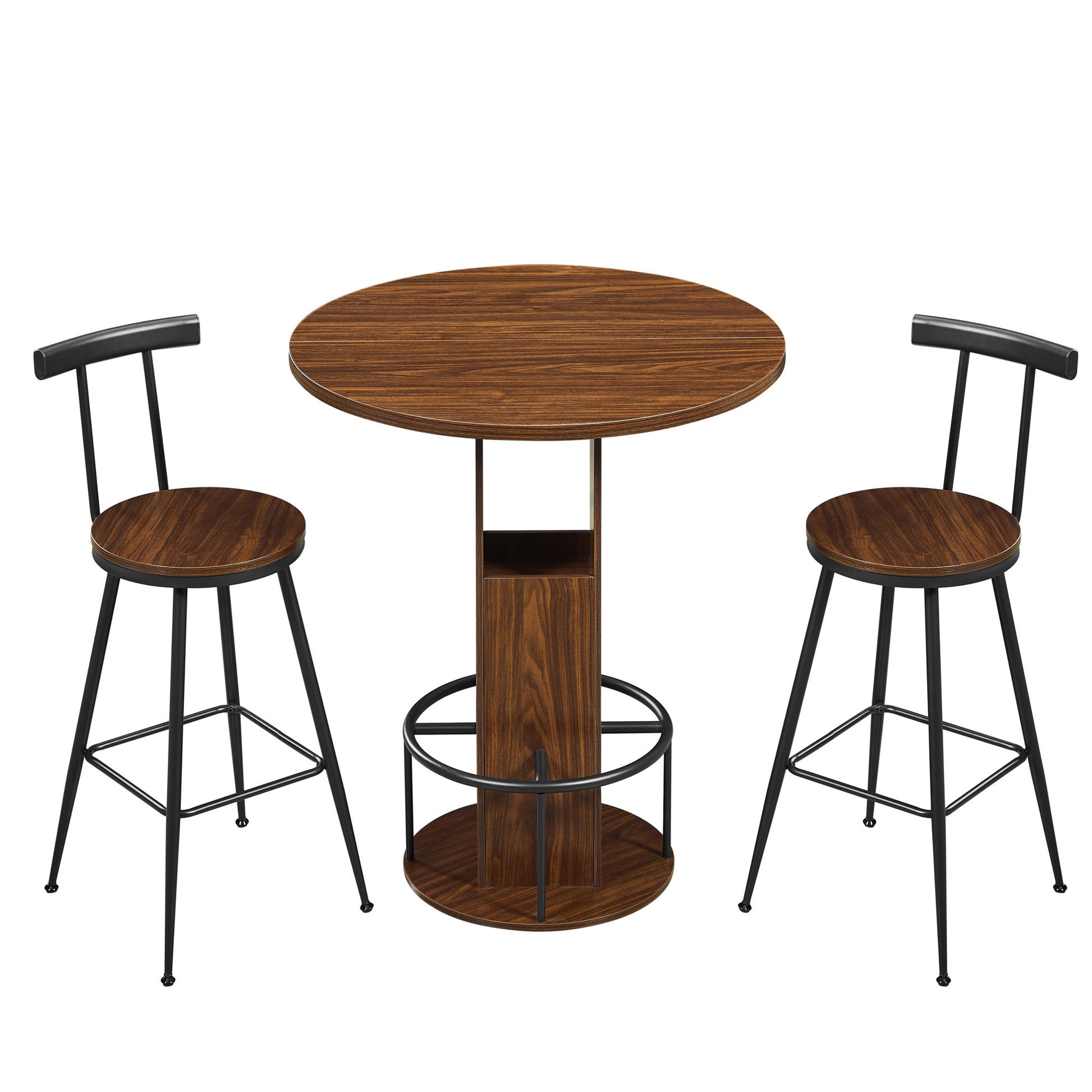 3-Piece Bar Table and Stool Set, Compact Round Wooden Bar Set with Metal Footrest