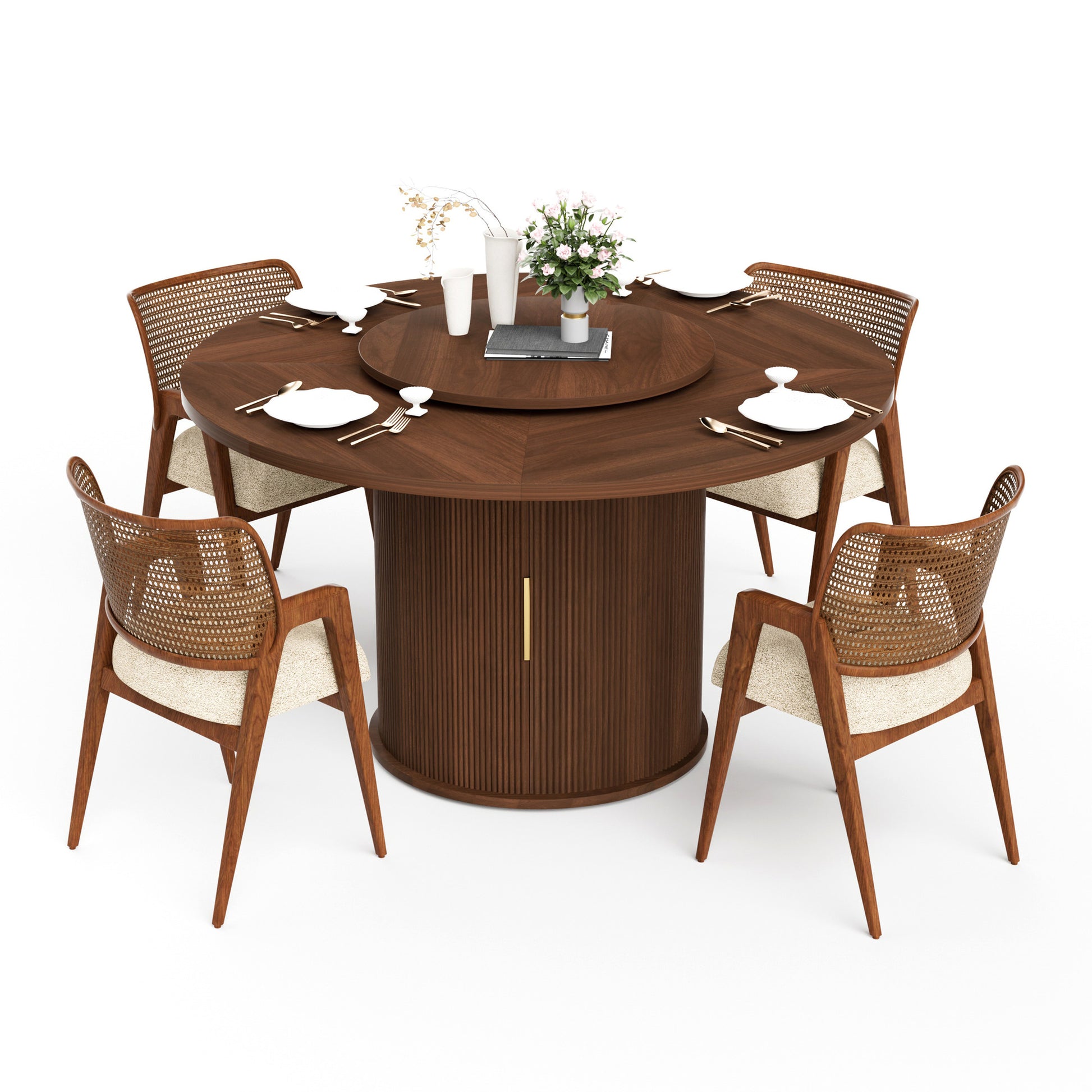 Round Dining Table with Rotating Tray, Double-Tier Storage Rack with Wavy Striped Sliding Doors