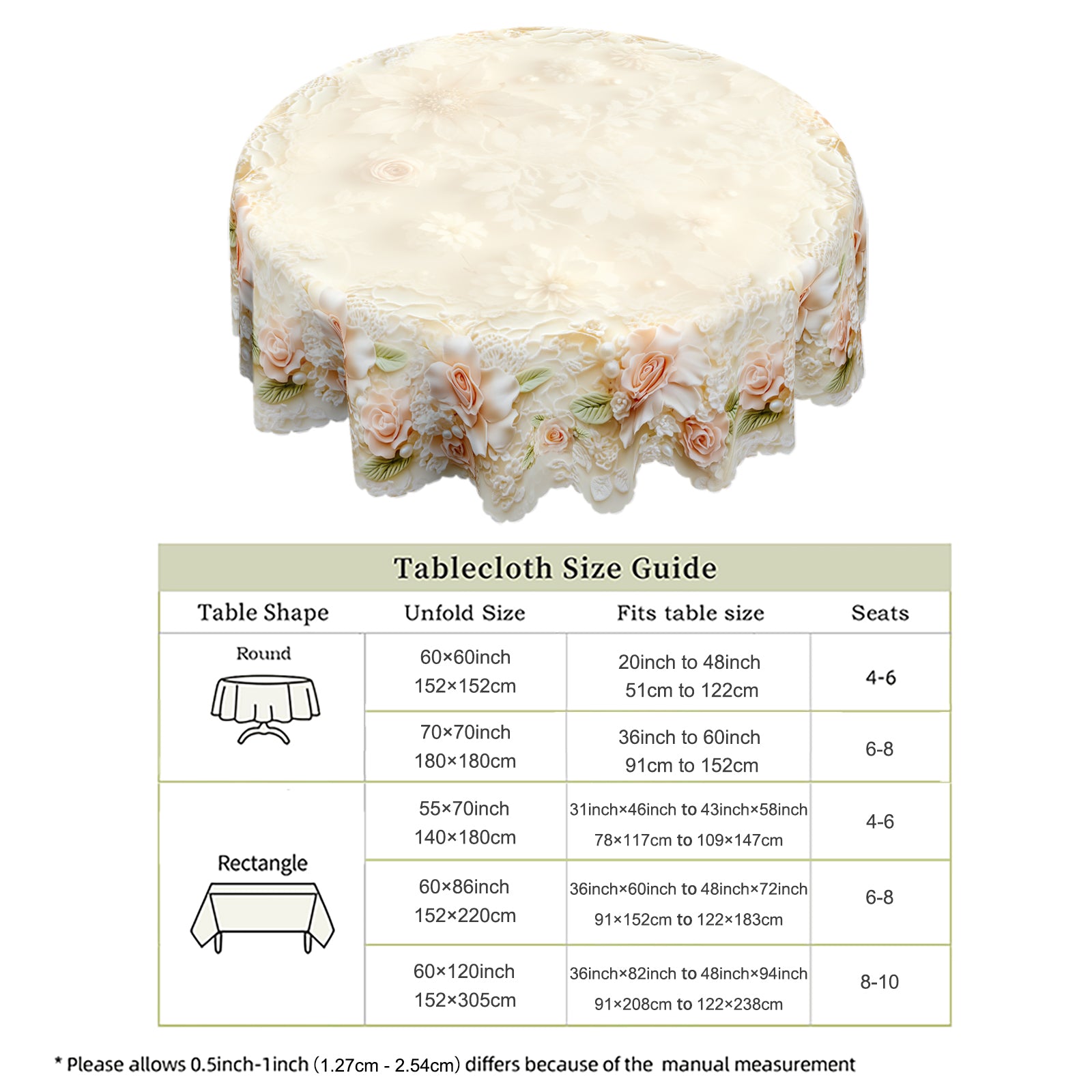 Floral Tablecloth with Colorful Flowers, Dustproof Easy-Care Dining Table Cover for Indoor Outdoor Use and Festive Home Decor