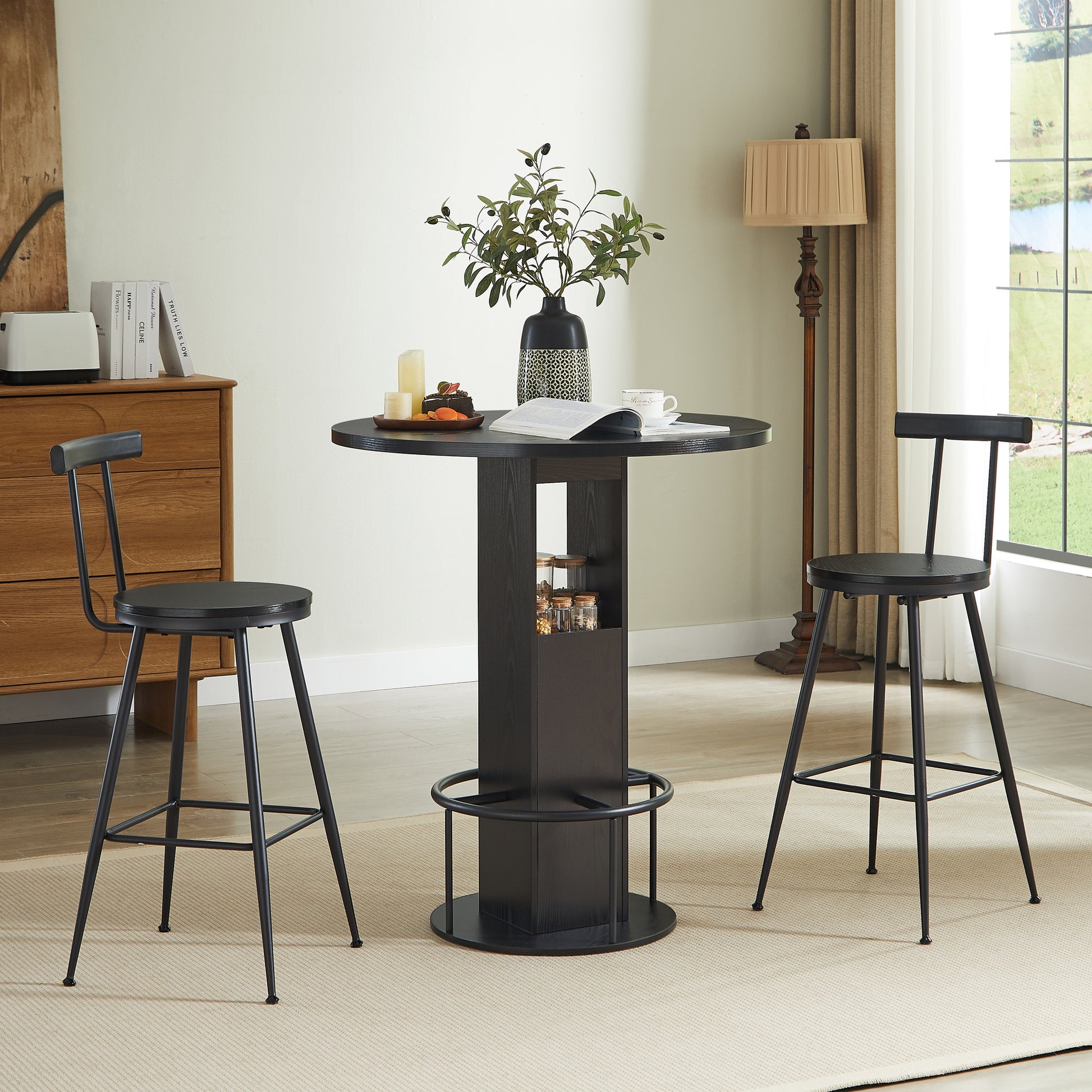 3-Piece Bar Table and Stool Set, Compact Round Wooden Bar Set with Metal Footrest
