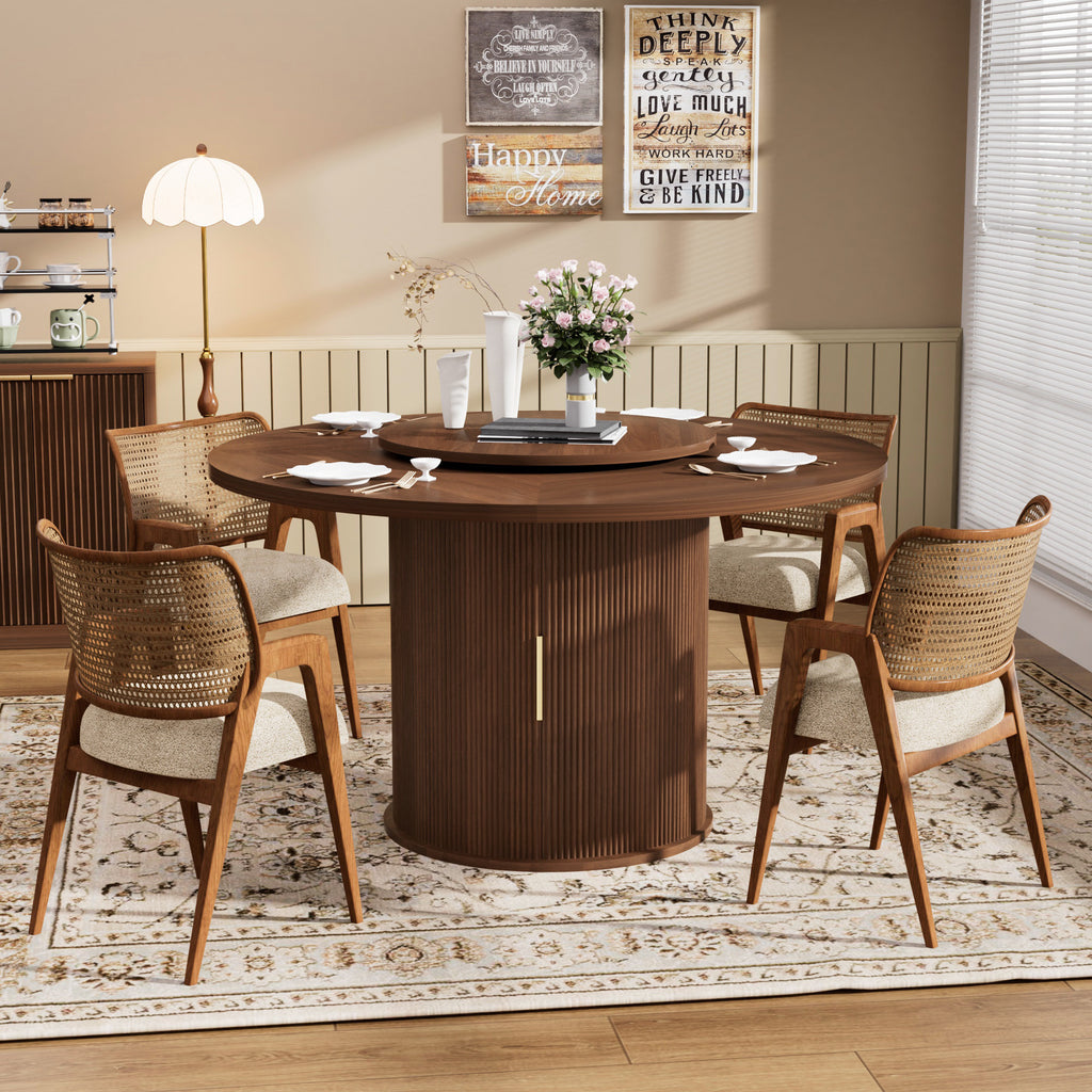Round Dining Table with Rotating Tray, Double-Tier Storage Rack with Wavy Striped Sliding Doors