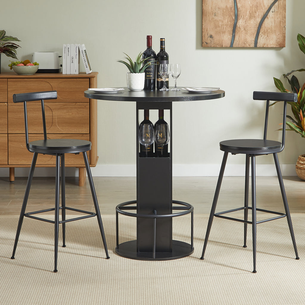 3-Piece Bar Table and Stool Set, Compact Round Wooden Bar Set with Metal Footrest