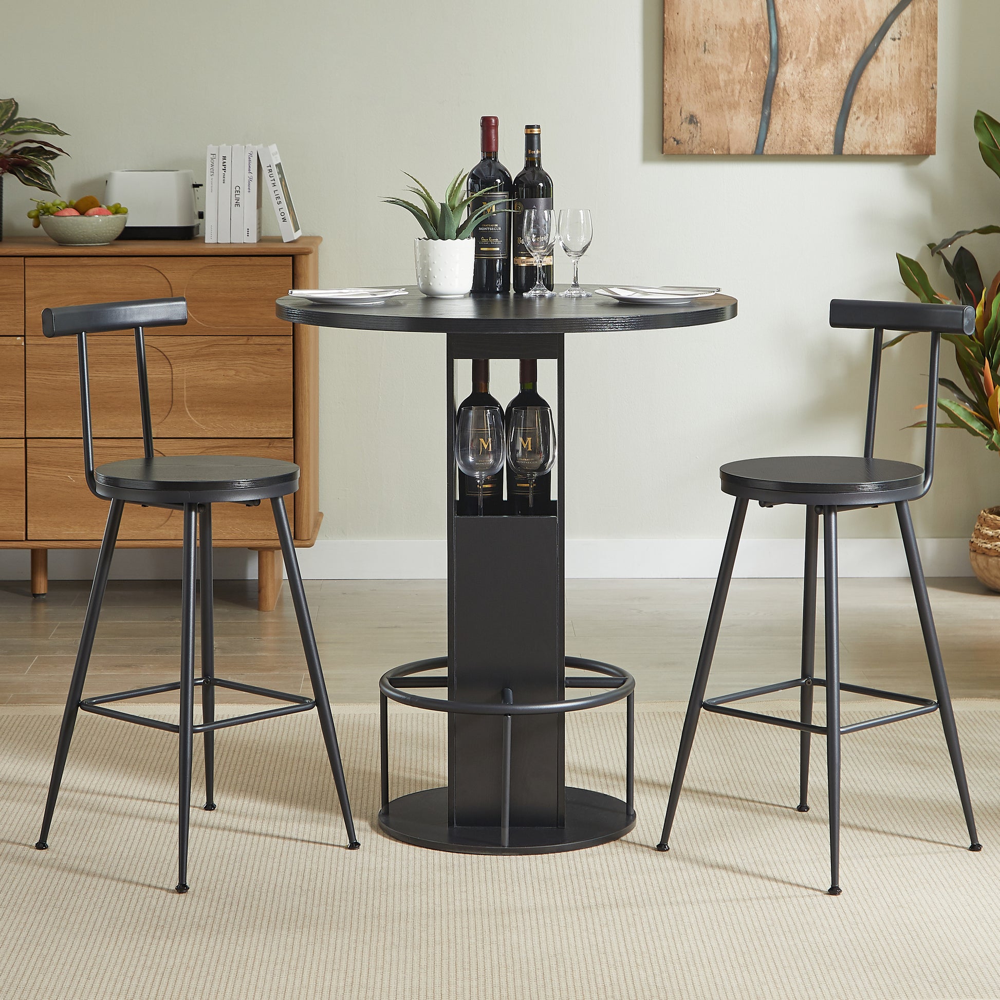 3-Piece Bar Table and Stool Set, Compact Round Wooden Bar Set with Metal Footrest