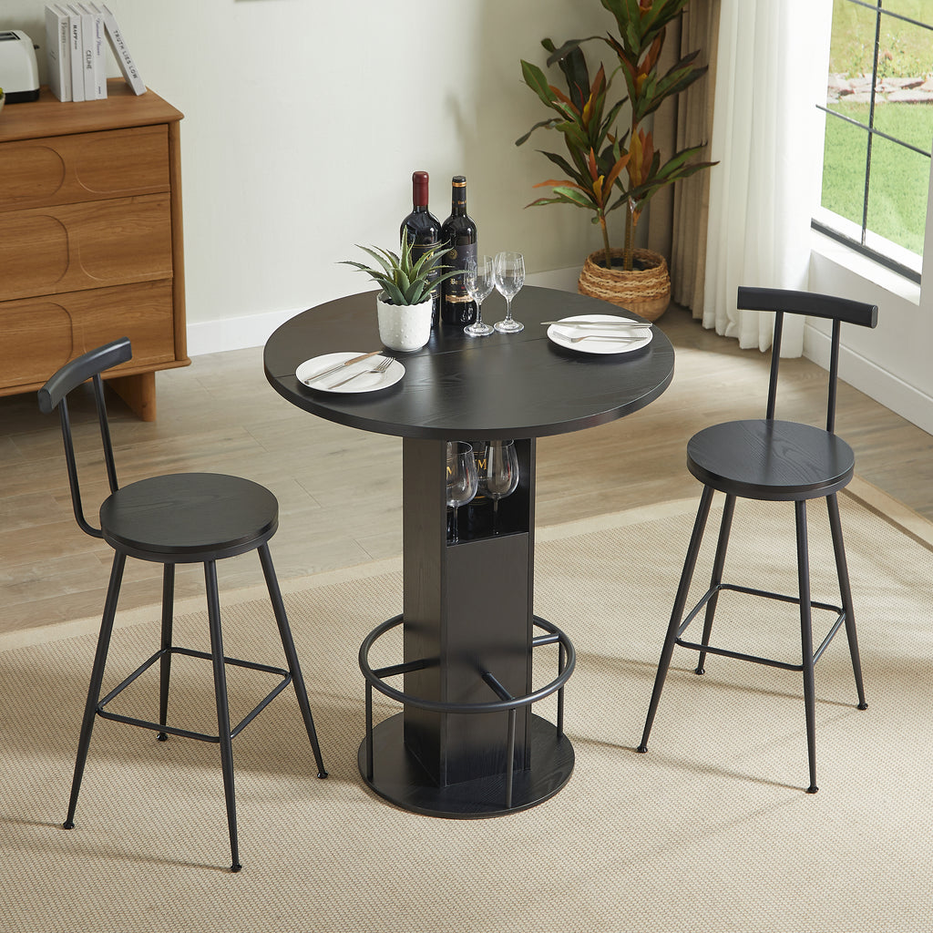 3-Piece Bar Table and Stool Set, Compact Round Wooden Bar Set with Metal Footrest