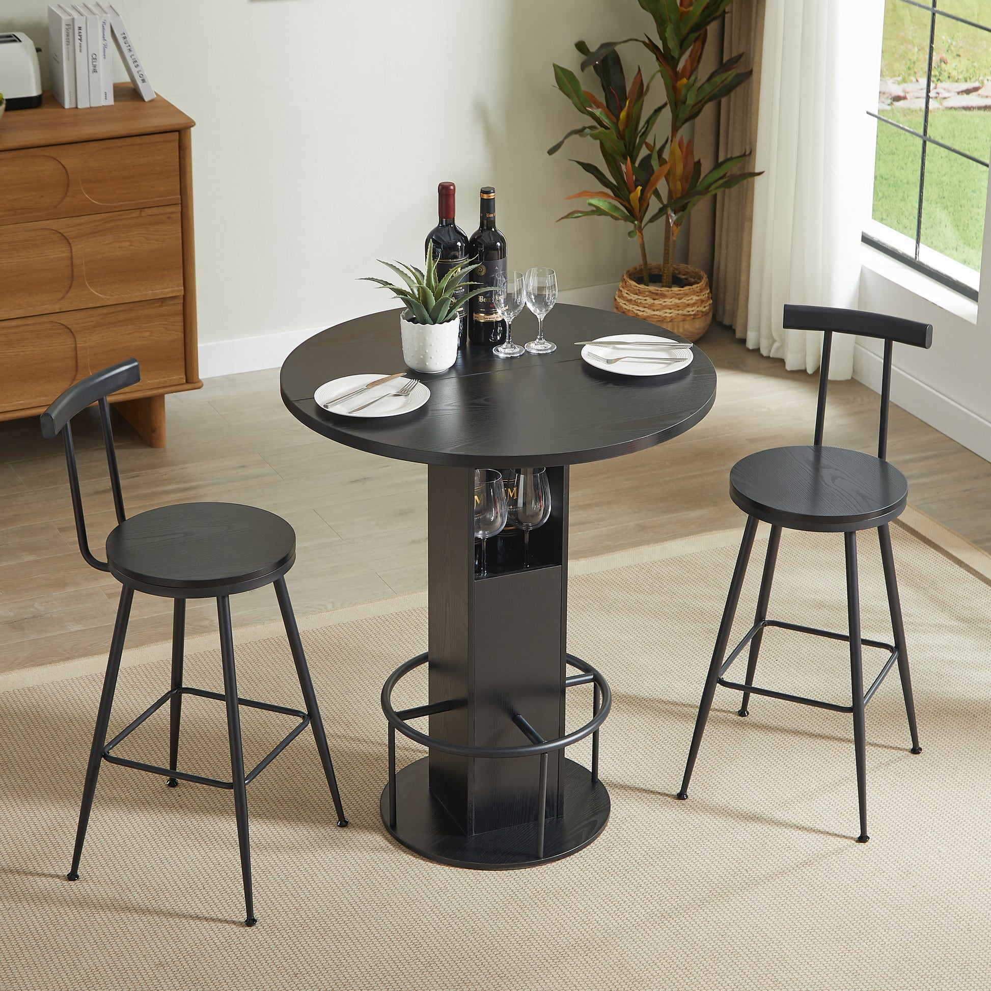3-Piece Bar Table and Stool Set, Compact Round Wooden Bar Set with Metal Footrest