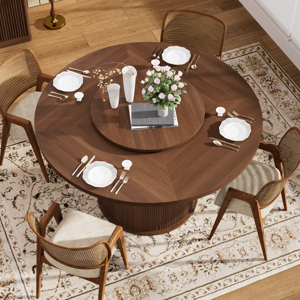 Round Dining Table with Rotating Tray, Double-Tier Storage Rack with Wavy Striped Sliding Doors