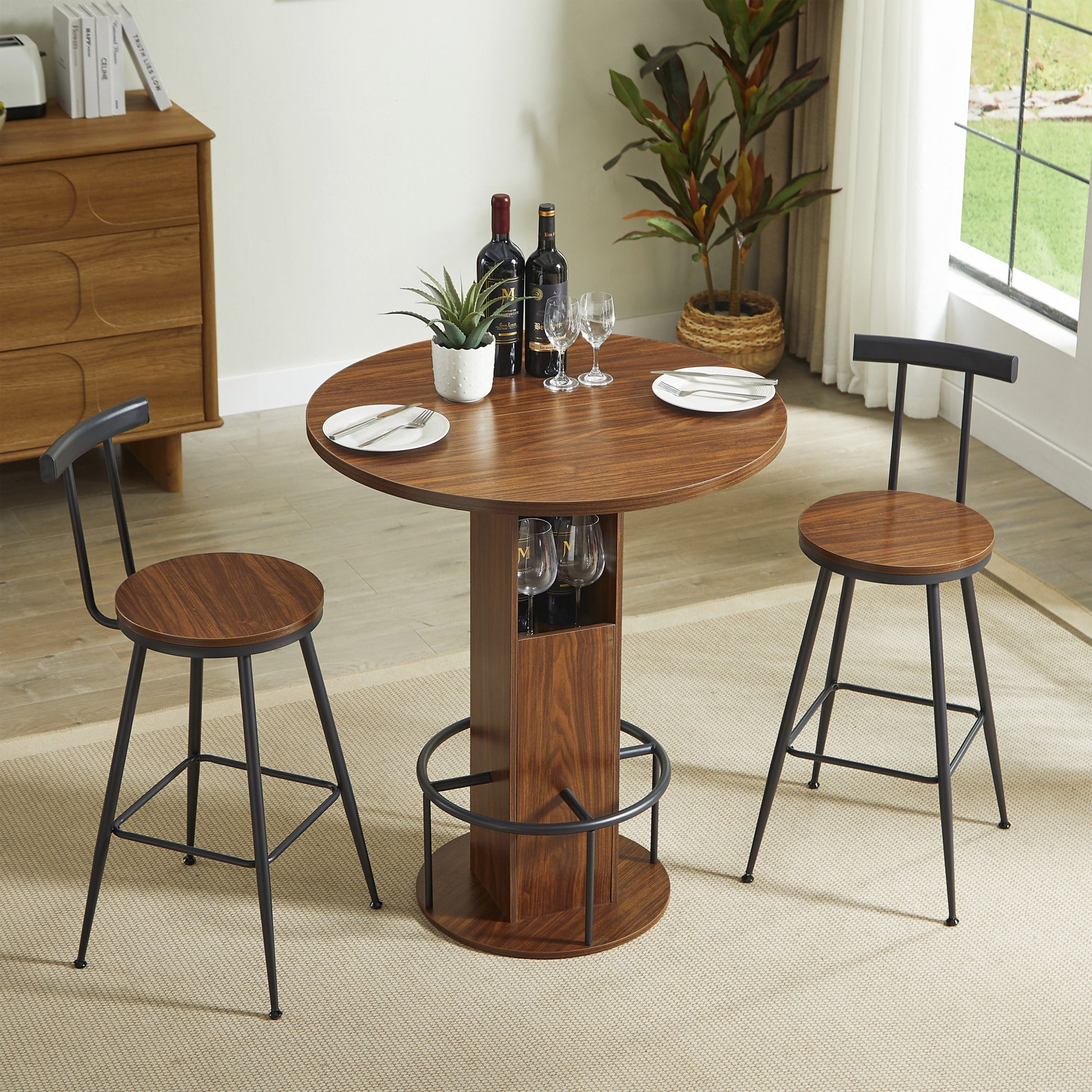 3-Piece Bar Table and Stool Set, Compact Round Wooden Bar Set with Metal Footrest