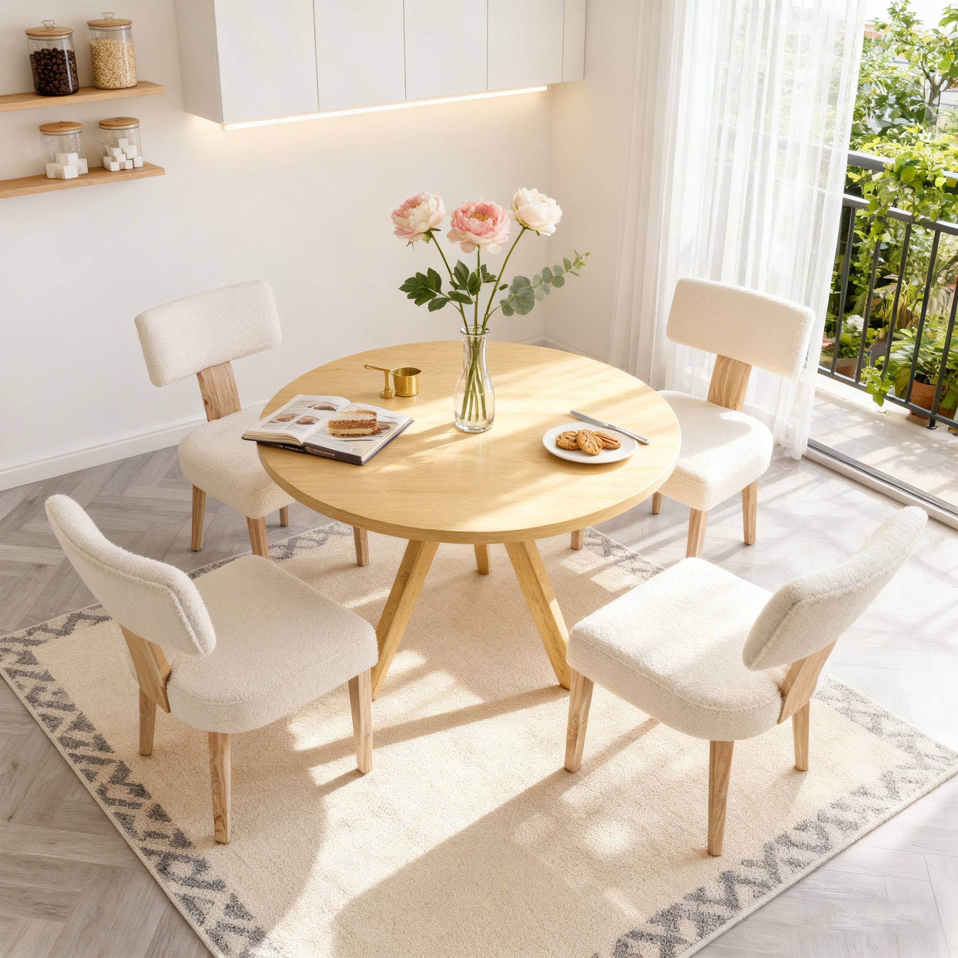 Set of 2 Modern Wooden Dining Chairs, Beige Fabric Upholstered Kitchen Side Chairs for Dining Room