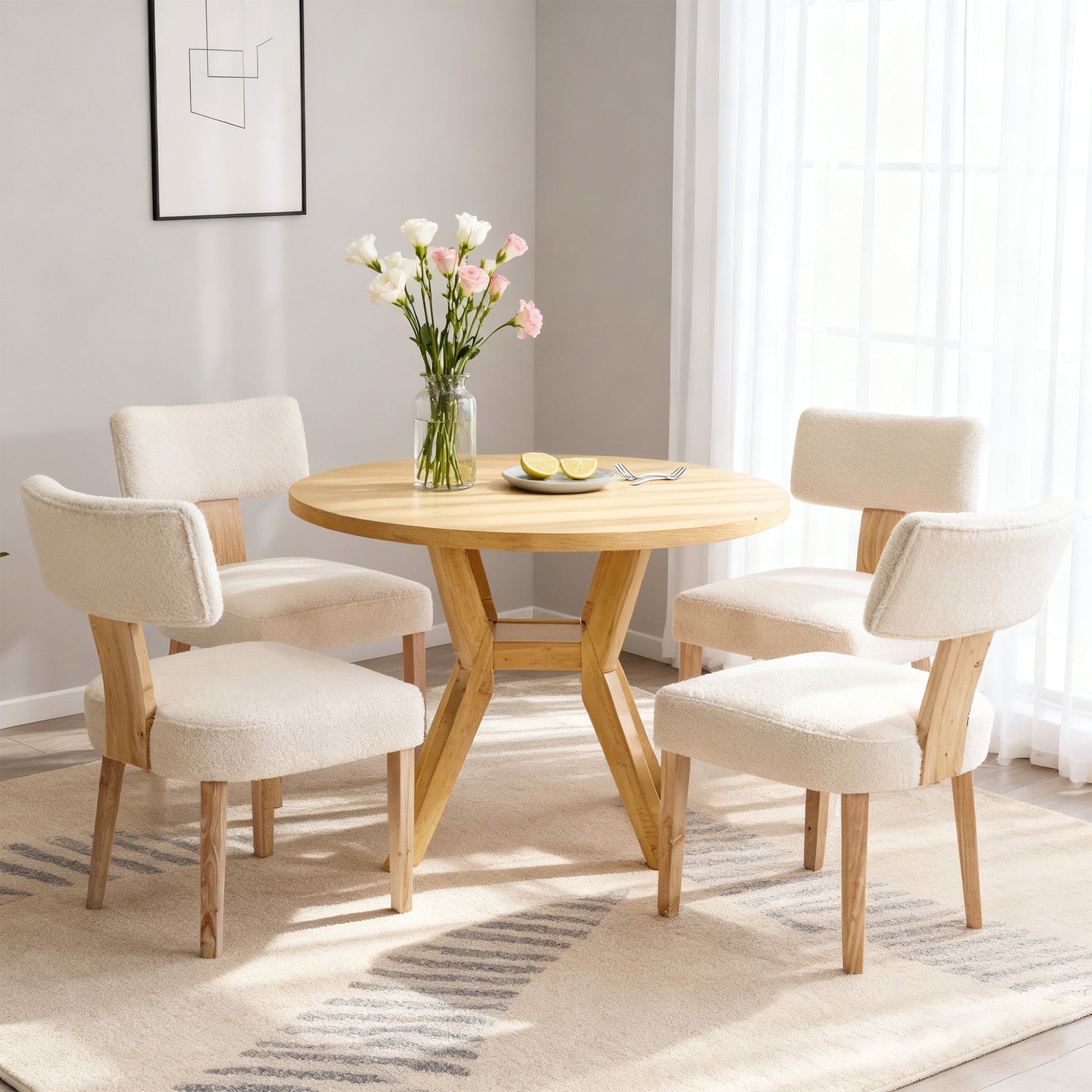 Set of 2 Modern Wooden Dining Chairs, Beige Fabric Upholstered Kitchen Side Chairs for Dining Room