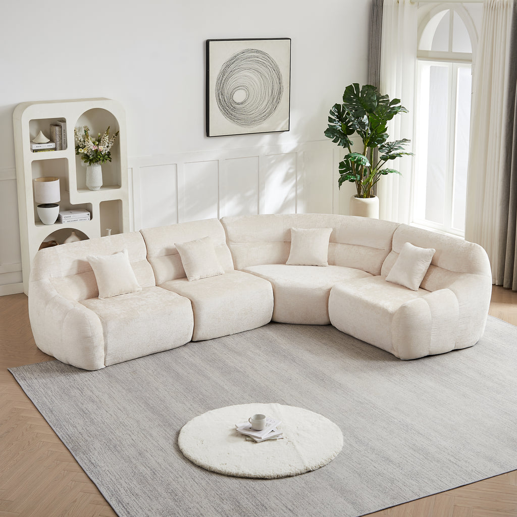 Curved Corner Sectional Sofa, Chenille Modular Cloud Sofa, High-Back 4-Seater Couch, No Assembly