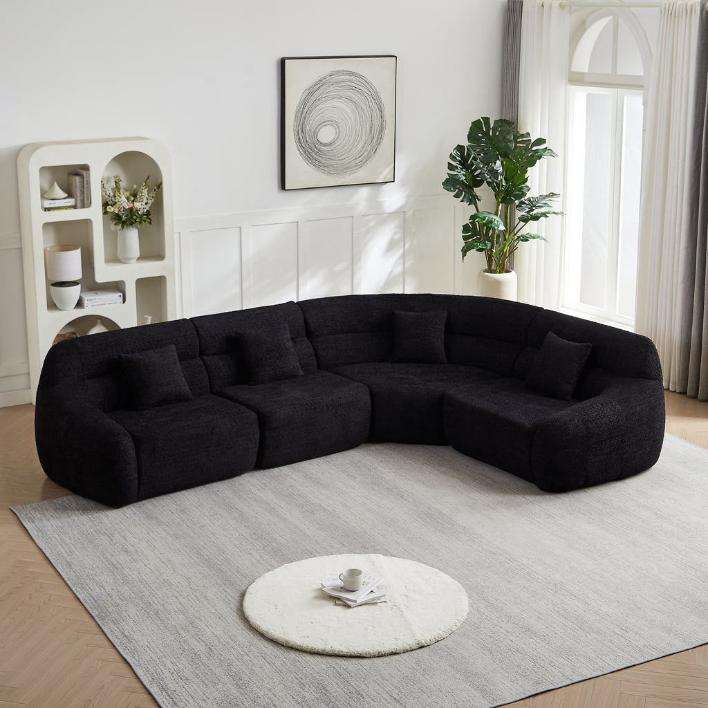 Curved Corner Sectional Sofa, Chenille Modular Cloud Sofa, High-Back 4-Seater Couch, No Assembly