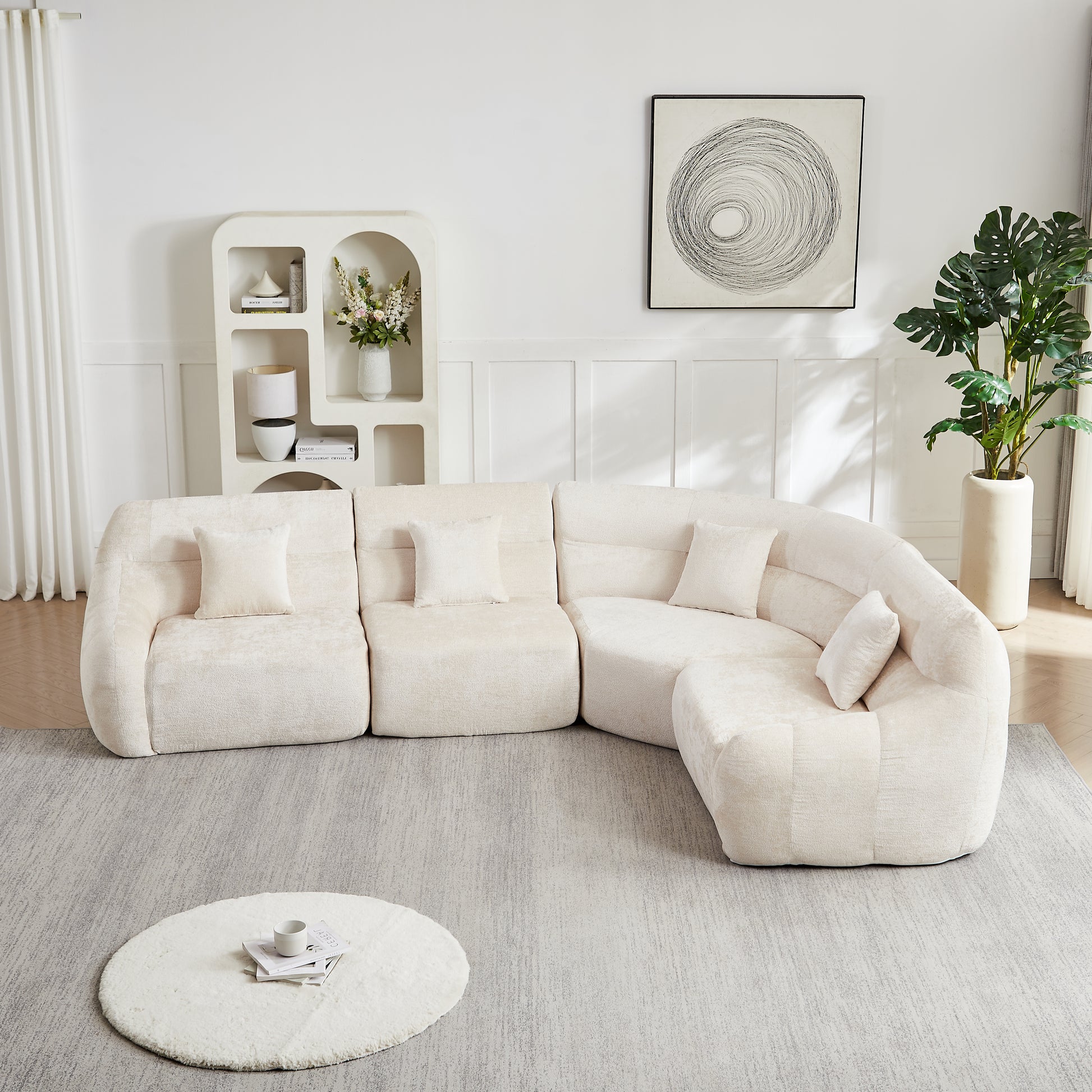 Curved Corner Sectional Sofa, Chenille Modular Cloud Sofa, High-Back 4-Seater Couch, No Assembly