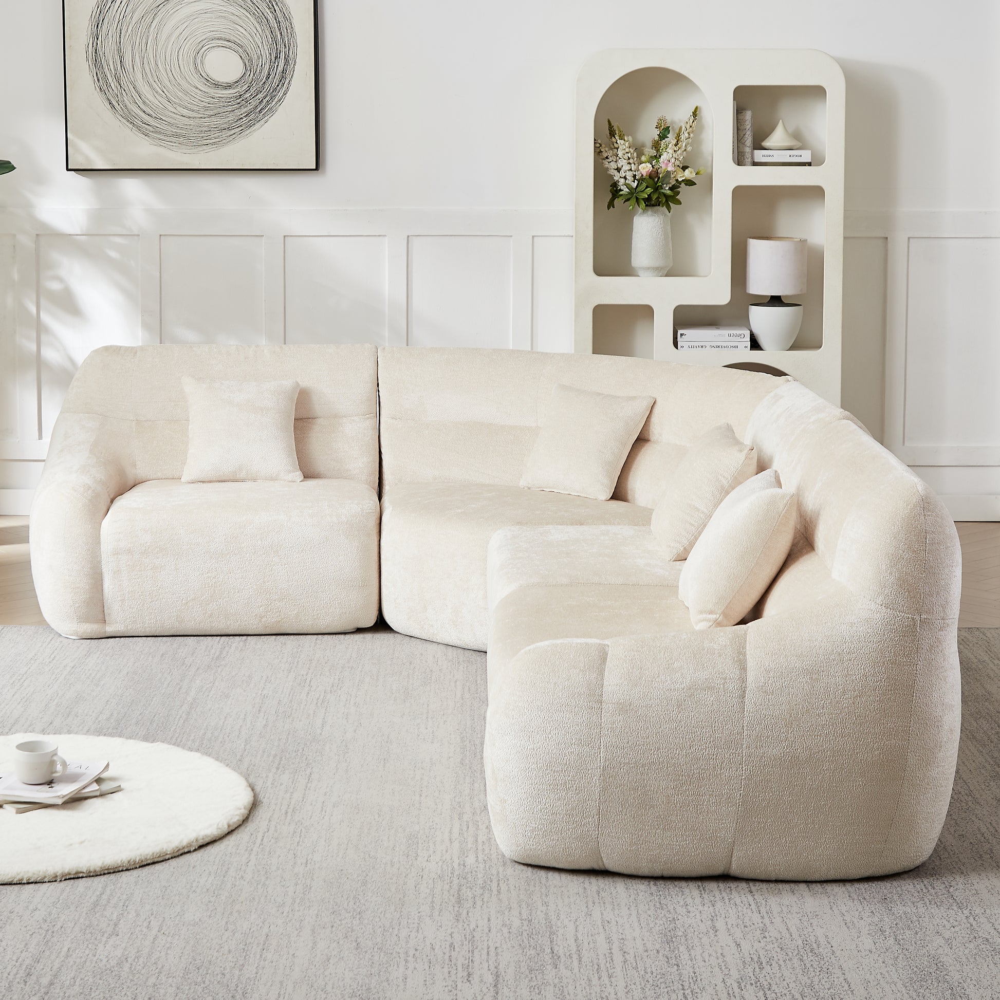 Curved Corner Sectional Sofa, Chenille Modular Cloud Sofa, High-Back 4-Seater Couch, No Assembly