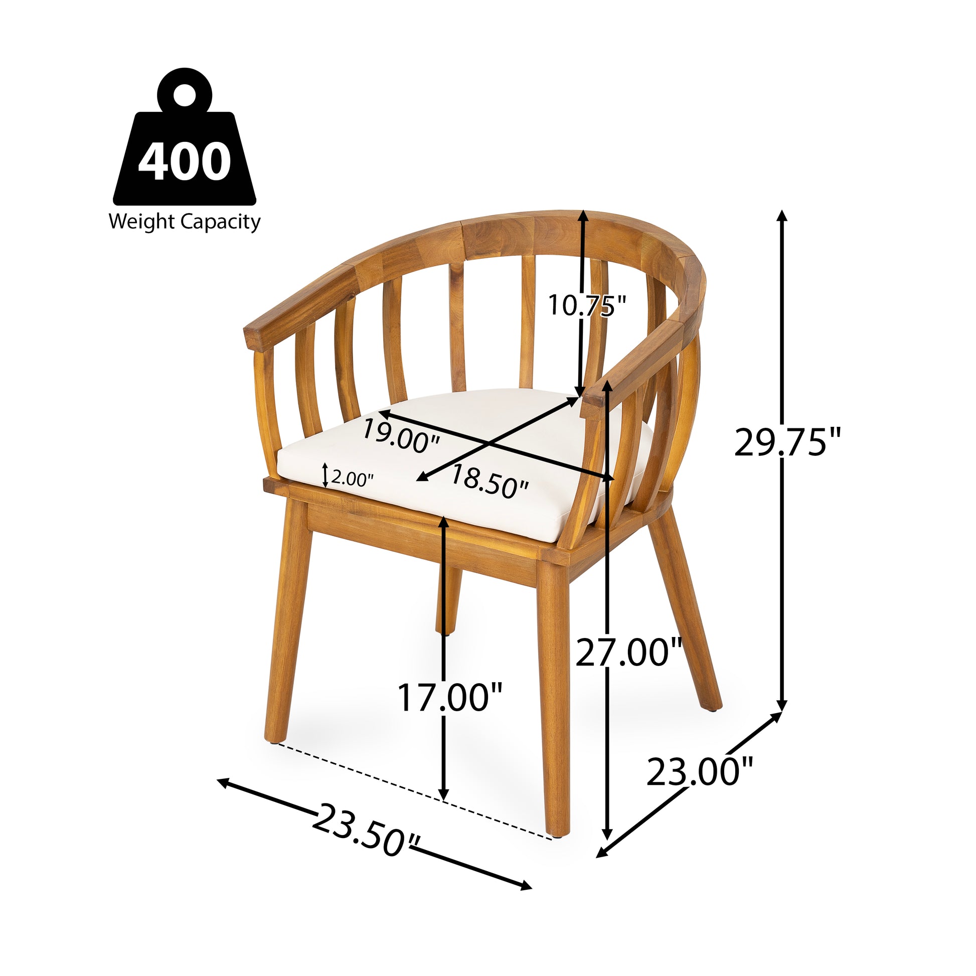 Set of 2 Outdoor Dining Armchair with Cushion – Acacia Wood Patio Chair for Deck, Backyard