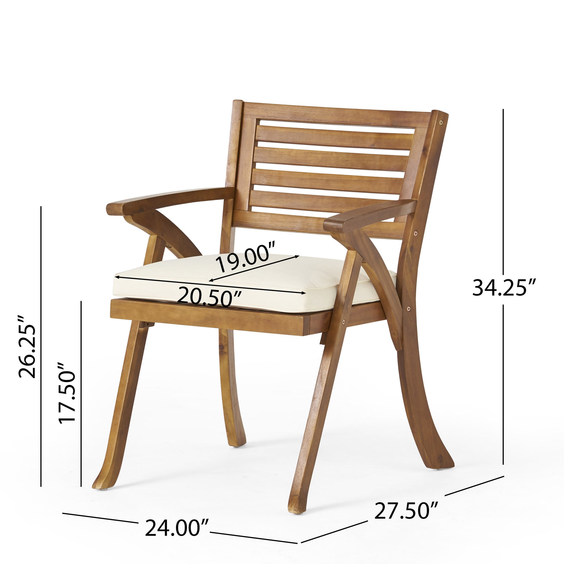 2-Piece Outdoor Wood Dining Chair Set with Cream Cushions, KD Frame