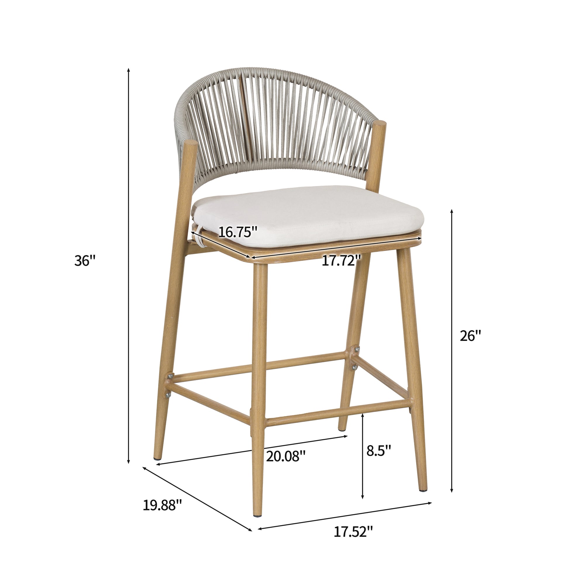 26" Outdoor Counter Stools Set of 2, Aluminum PE Rattan Backrest, Maple Finish Patio Bar Stools