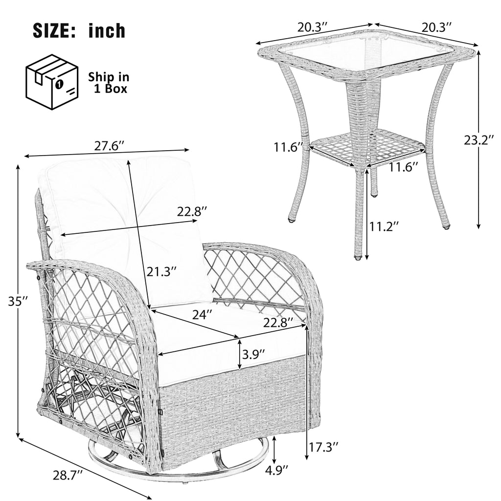 3-piece Outdoor Chair&Table Set Chat Set 2-person Rattan Seating Group with Two Swiveling and Rocking Chairs and a Square Table for Garden, Patio, or Balcony, Brown
