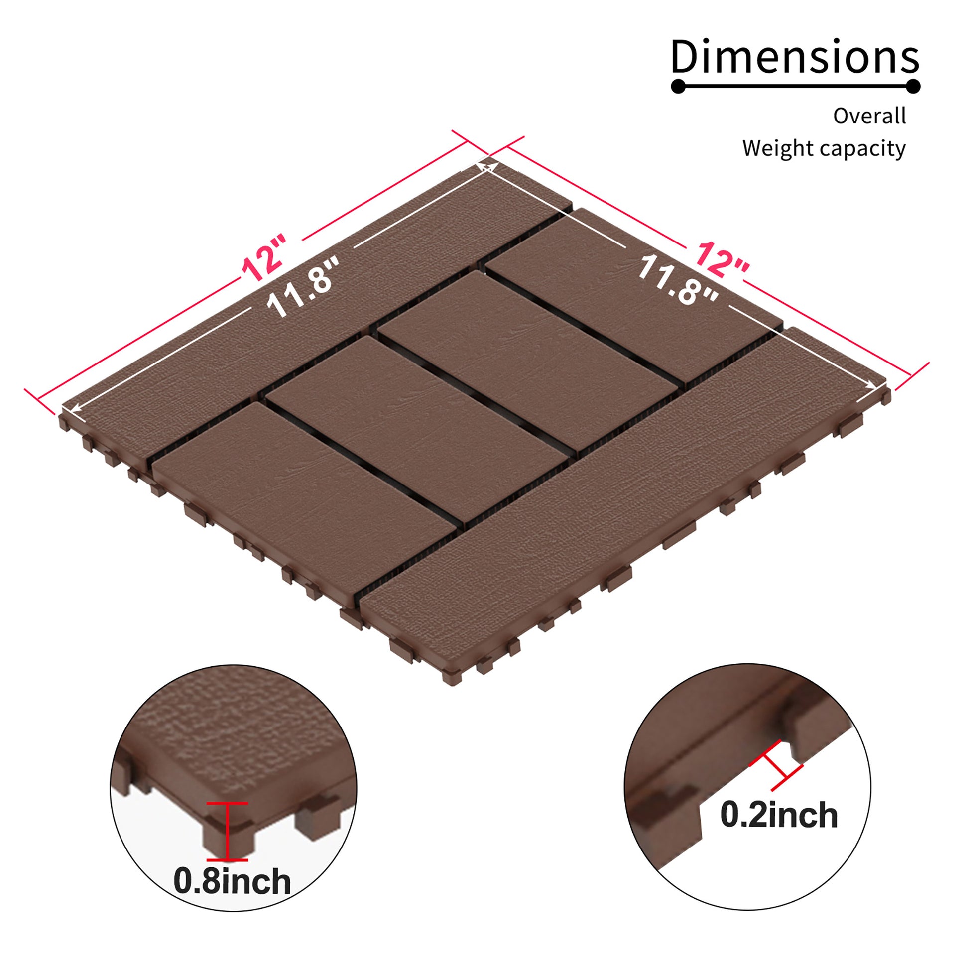Chic Crate H-Style 44Pcs 12" Interlocking Plastic Deck Tiles – Dark Gray, Waterproof