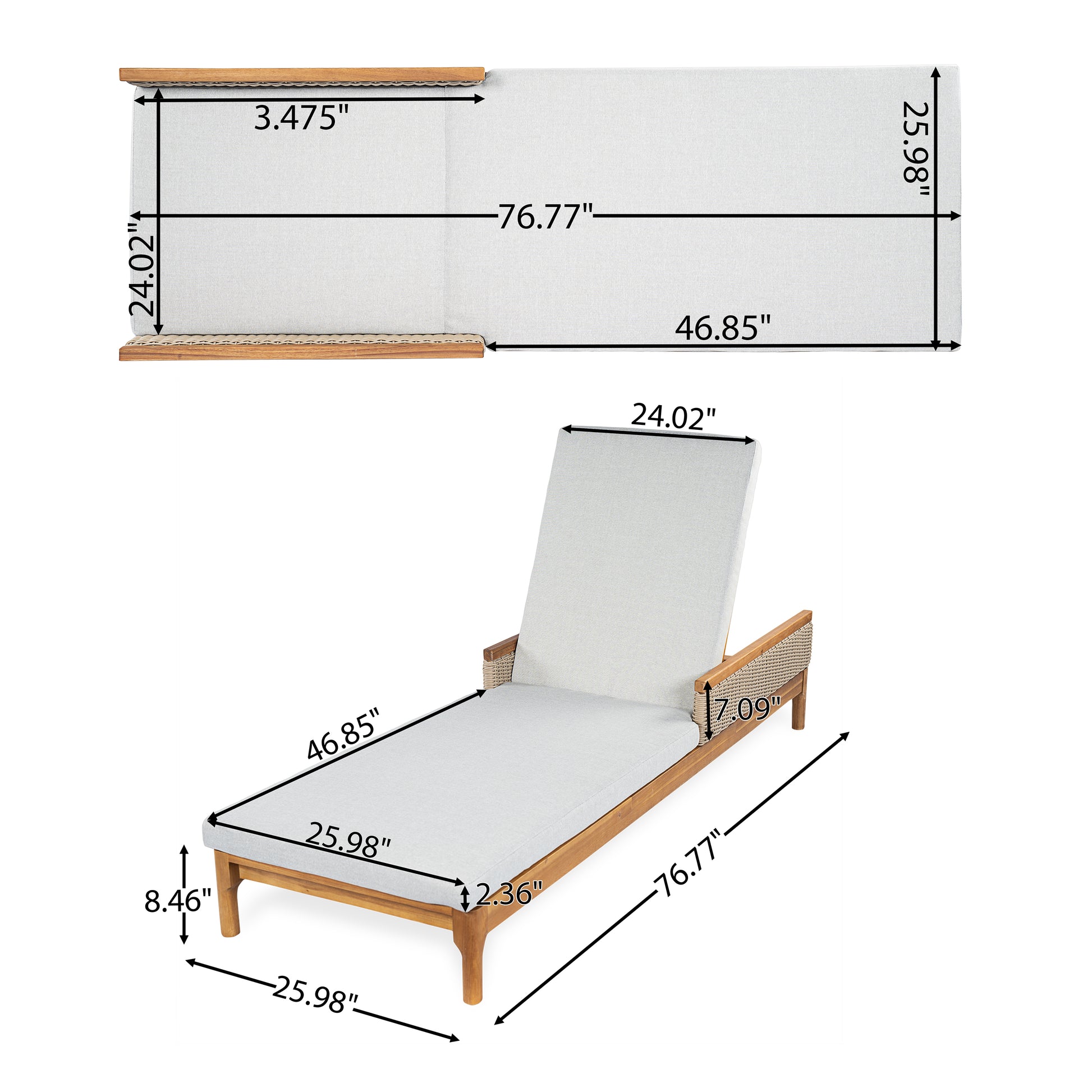 Acacia Wood Outdoor Sun Lounger with Cushions & Wicker Accents - Adjustable Patio Recliner