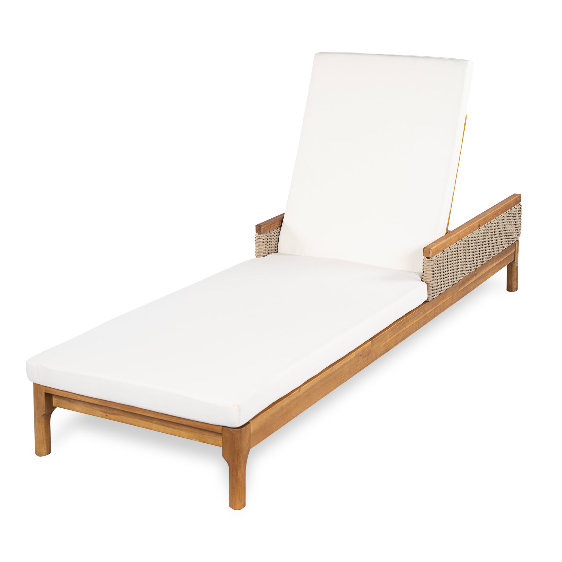 Outdoor Sun Lounger Acacia Wood Patio Recliner with Cushions and Wicker Accents
