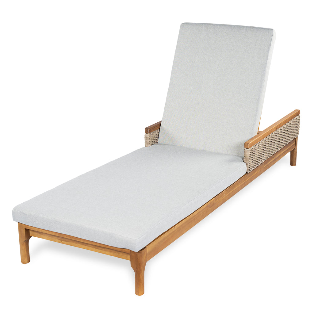 Acacia Wood Outdoor Sun Lounger with Cushions & Wicker Accents - Adjustable Patio Recliner