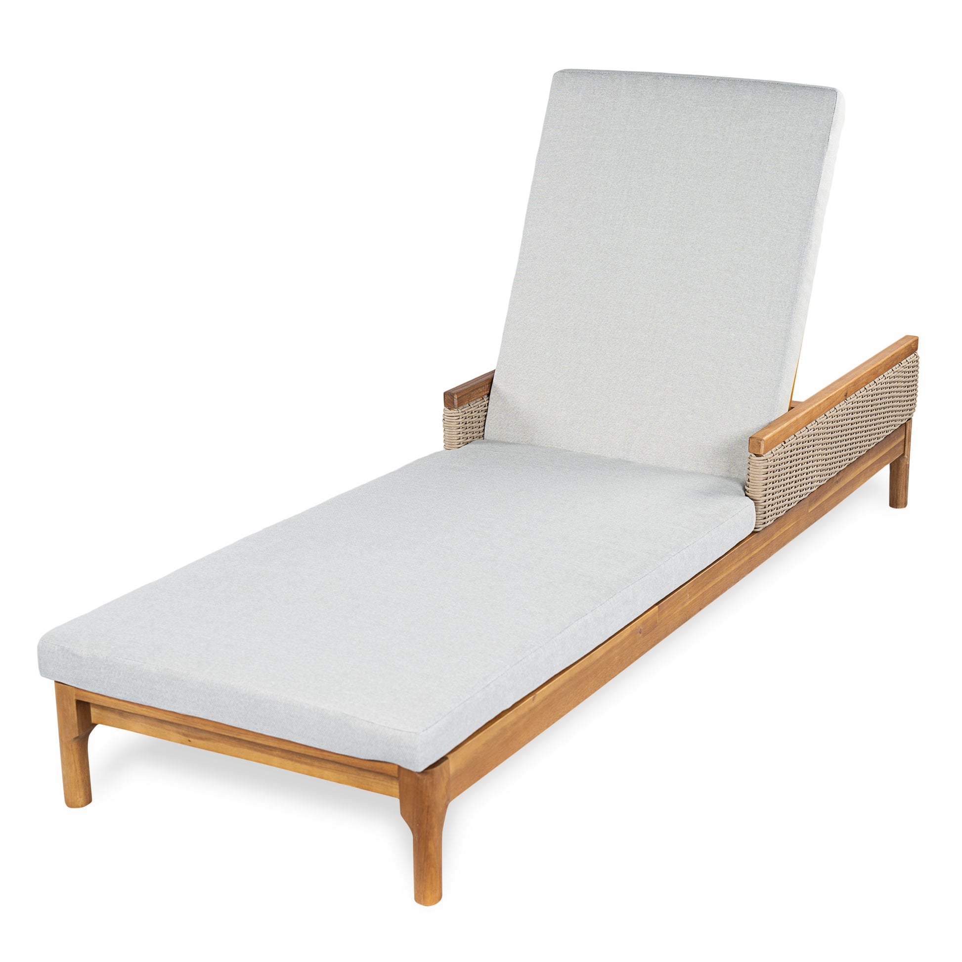 Acacia Wood Outdoor Sun Lounger with Cushions & Wicker Accents - Adjustable Patio Recliner