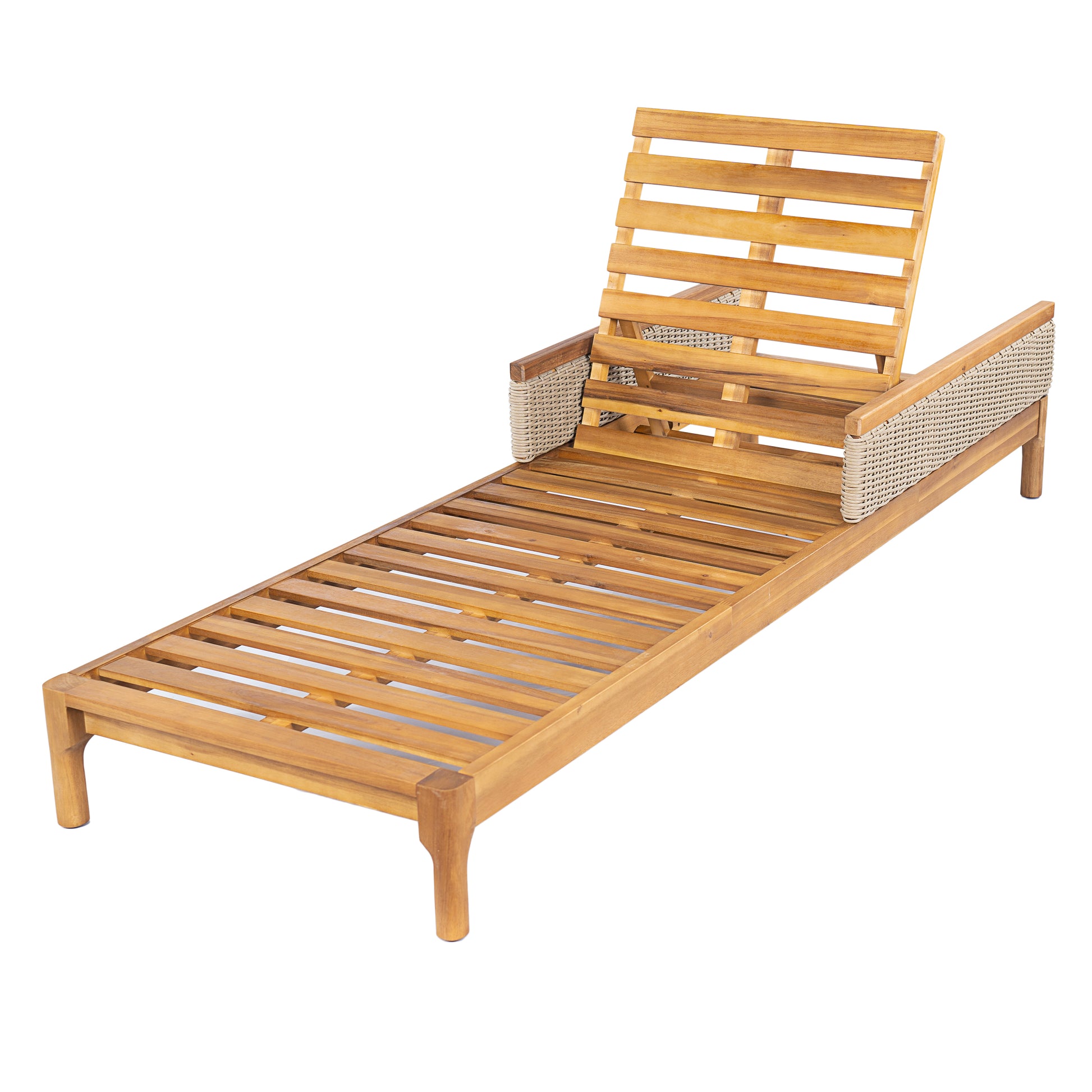 Acacia Wood Outdoor Sun Lounger with Cushions & Wicker Accents - Adjustable Patio Recliner
