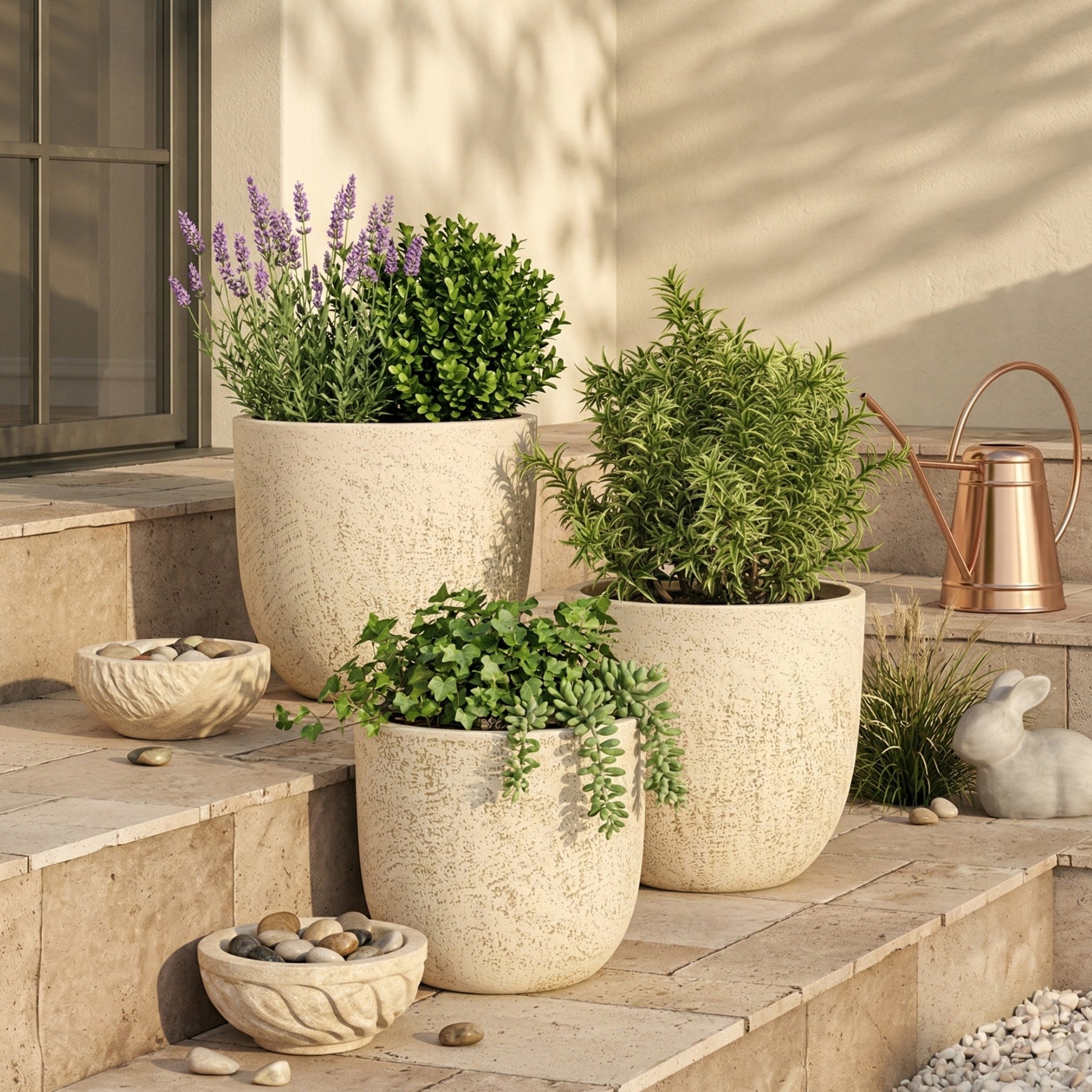 Set of Round MGO Planters Lightweight Plant Pots with Drainage for Indoor Outdoor Gardening