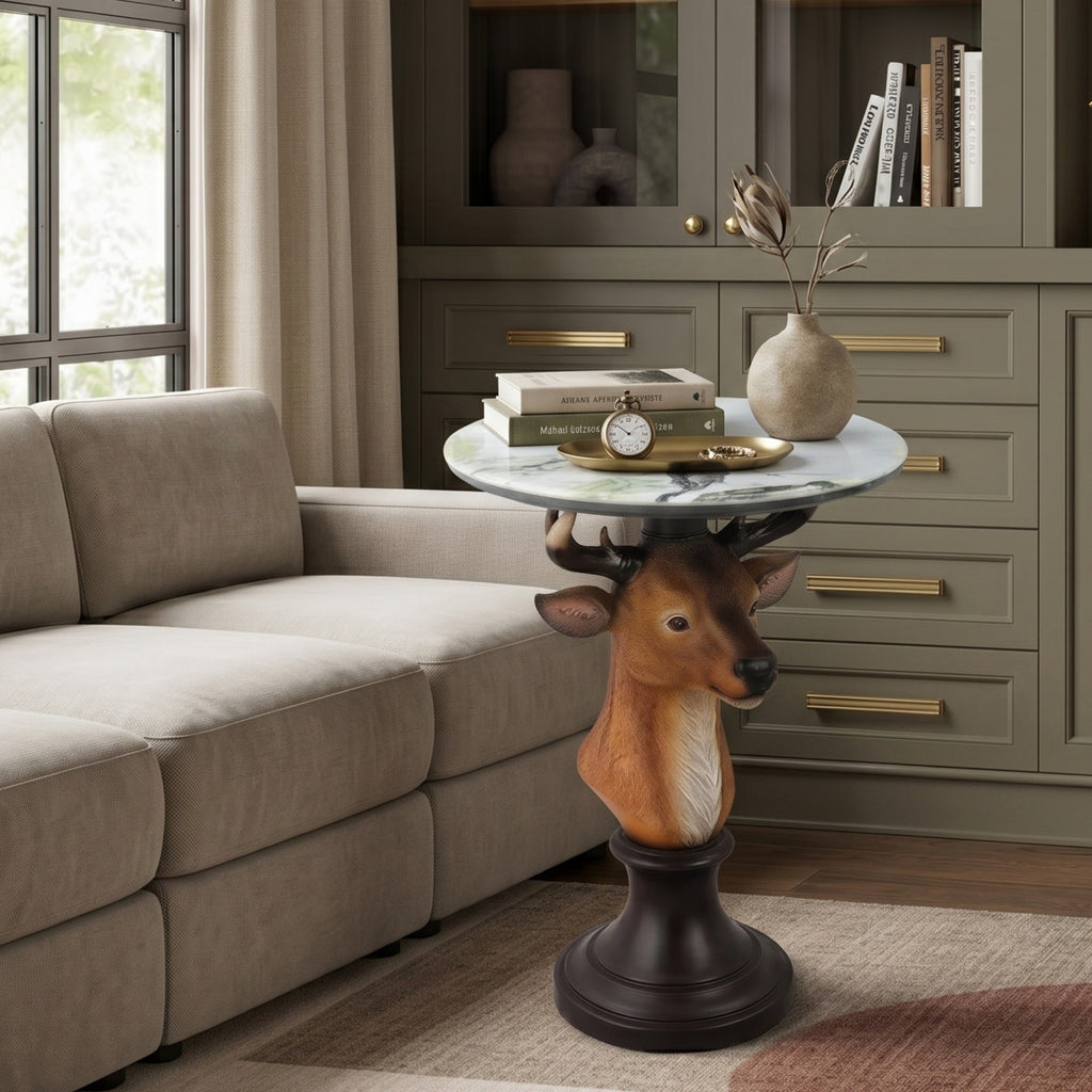 Deer Head Accent Table, Animal Statue End Table for Living Room Home Decor