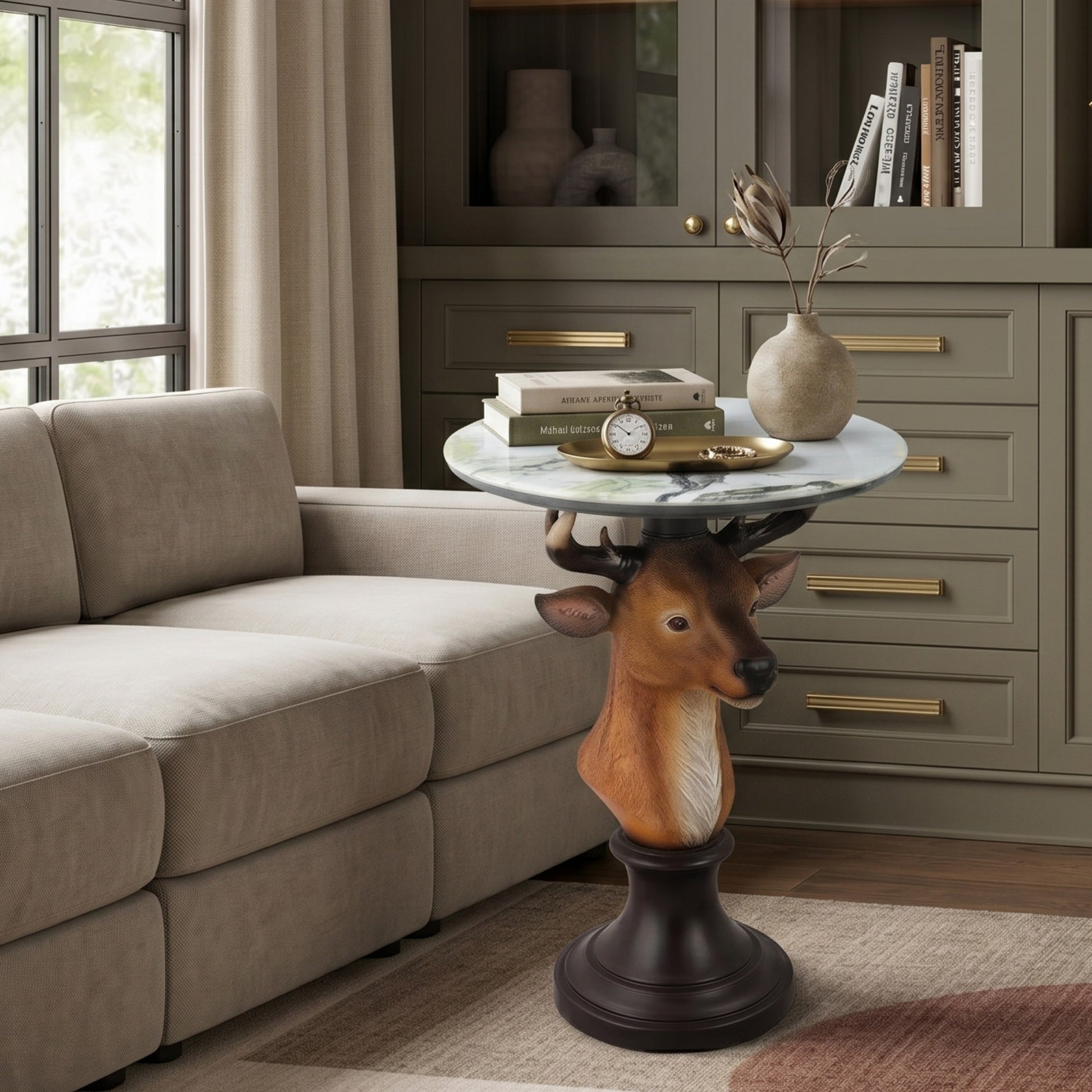 Deer Head Accent Table, Animal Statue End Table for Living Room Home Decor