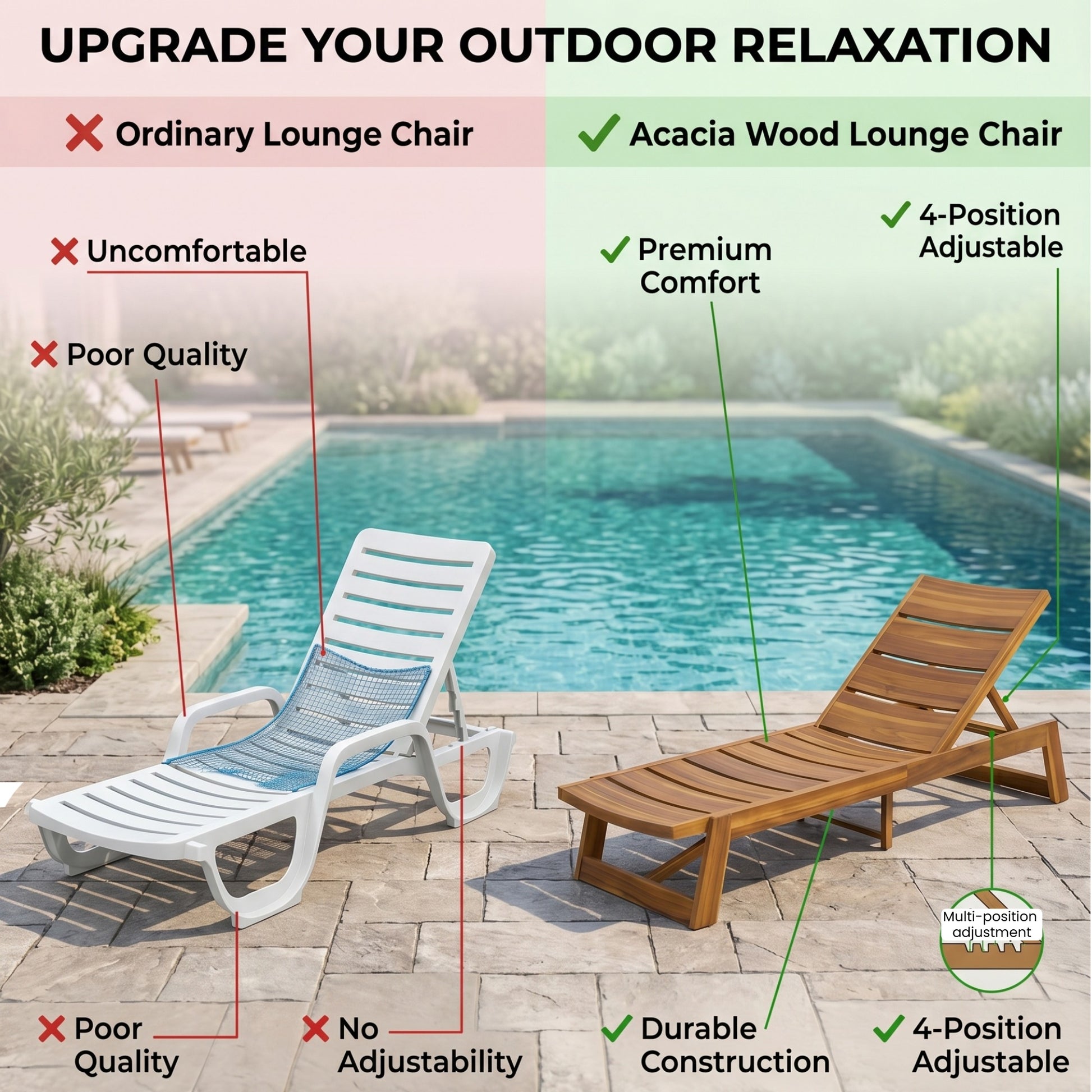 Outdoor Chaise Lounge, Solid Wood Patio Recliner, Weather Resistant for Pool & Backyard