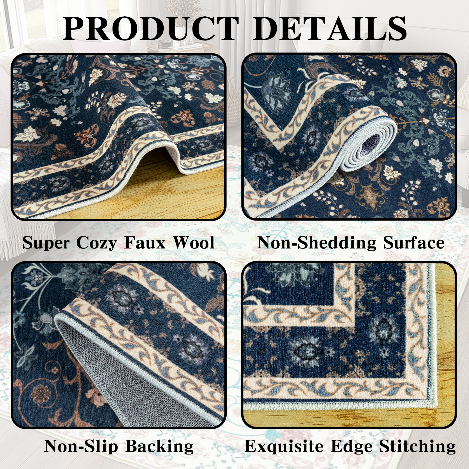 Area Rugs for Living Room Vintage Floral Non-Slip Rug Stain Resistant Low Pile Carpets for Bedroom Dining Room Farmhouse