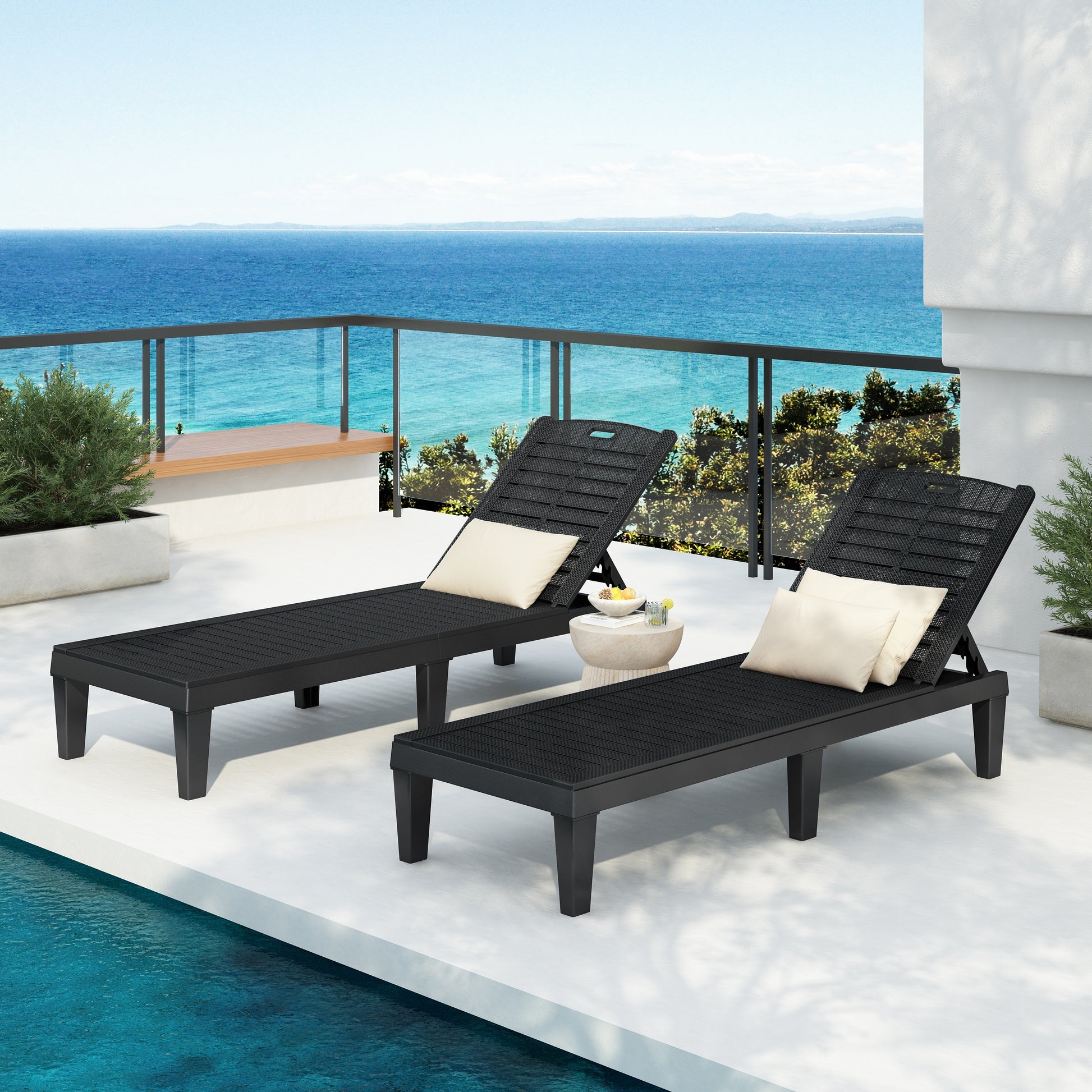 2-Piece Outdoor Chaise Lounges Resin Pool Lounge Chairs Outdoor Chaise Lounge Chair Set with Adjustable Backrest (Set of 2) for Patio, Poolside or Beach, Black