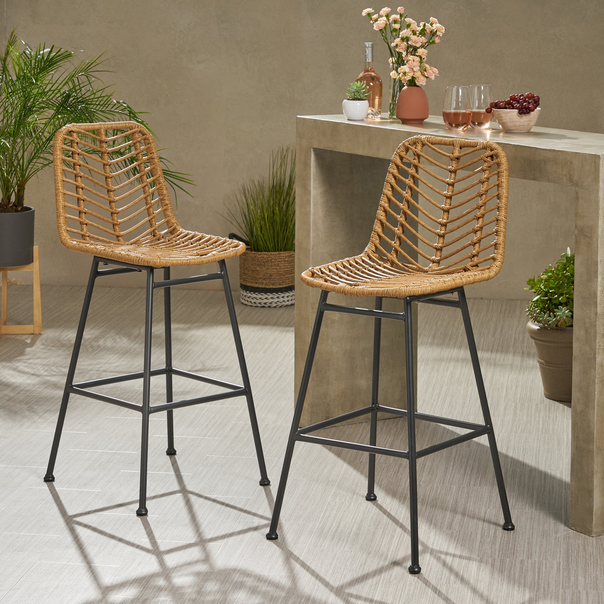 Sawtelle Outdoor Wicker Barstools Set of 2 – Rattan Patio Bar Stools with Black Metal Frame