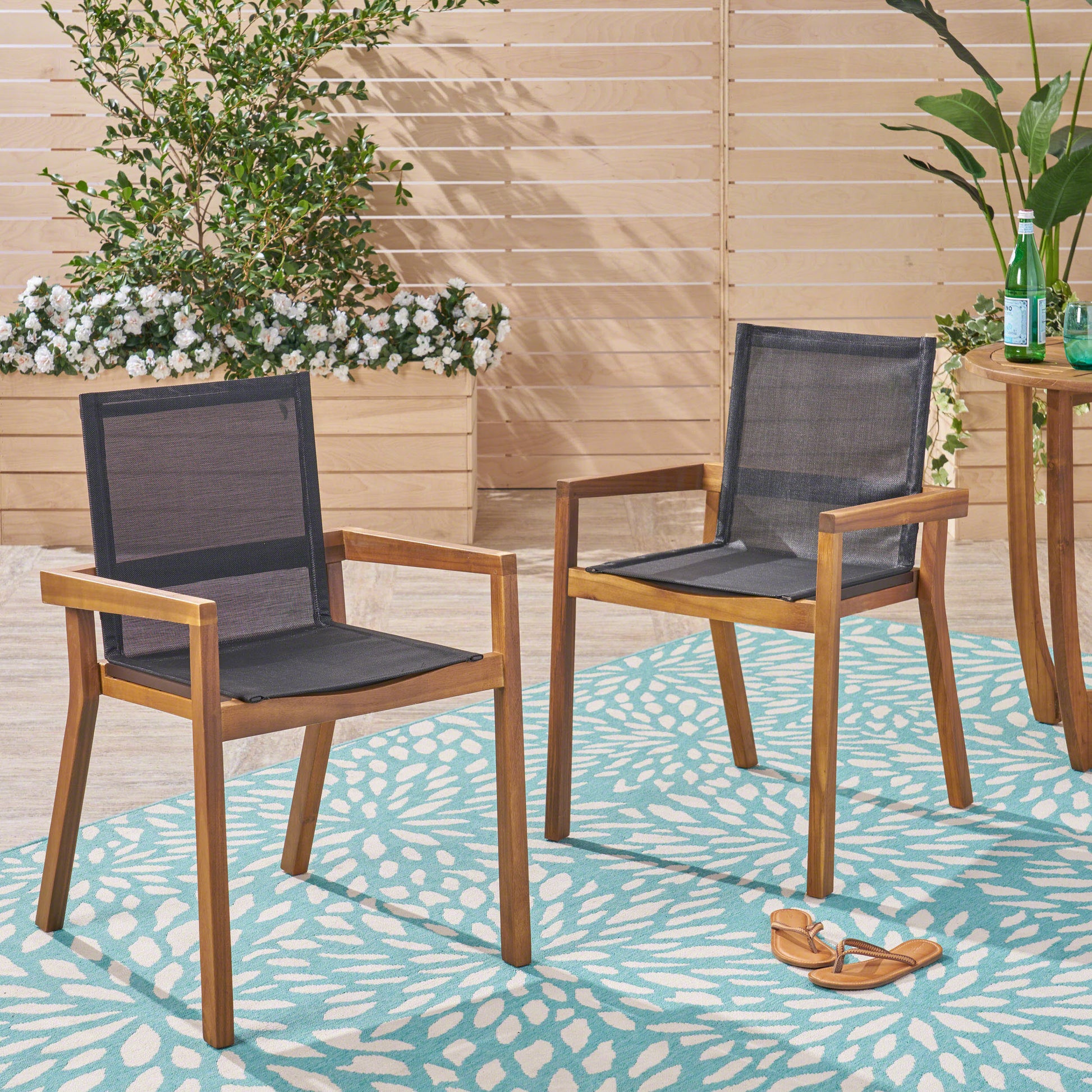 Acacia Wood Outdoor Dining Chairs with Breathable Mesh Seat & Teak Finish (Set of 2)