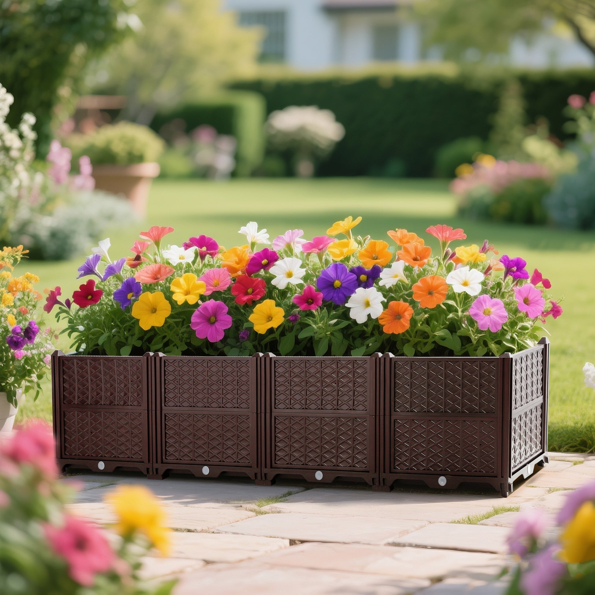 Indoor and outdoor rectangular plastic planting box; planting kit for fresh vegetables, herbs, flowers, and succulents; brown