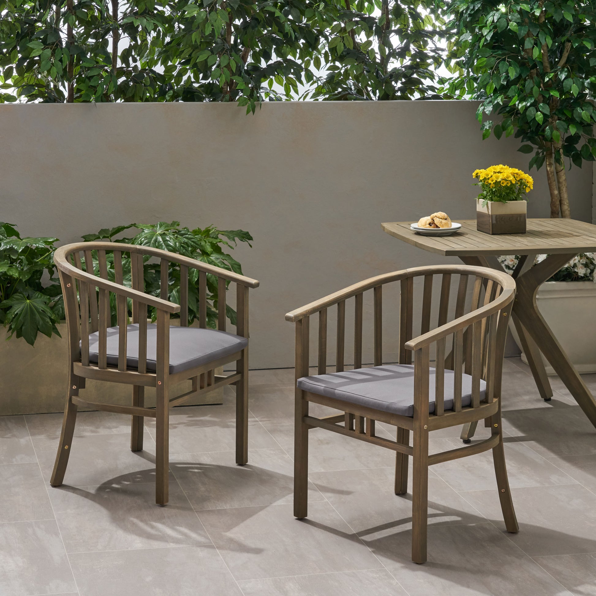 Outdoor Wooden Dining Chair Set with Cushions, 2-Pack, Weather Resistant Patio Seating