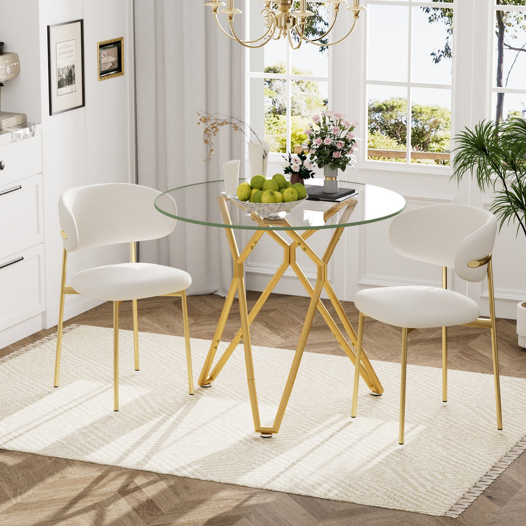 Modern Tempered Glass Dining Table, Rectangular/Round with Metal Legs, Space-Saving Kitchen Table