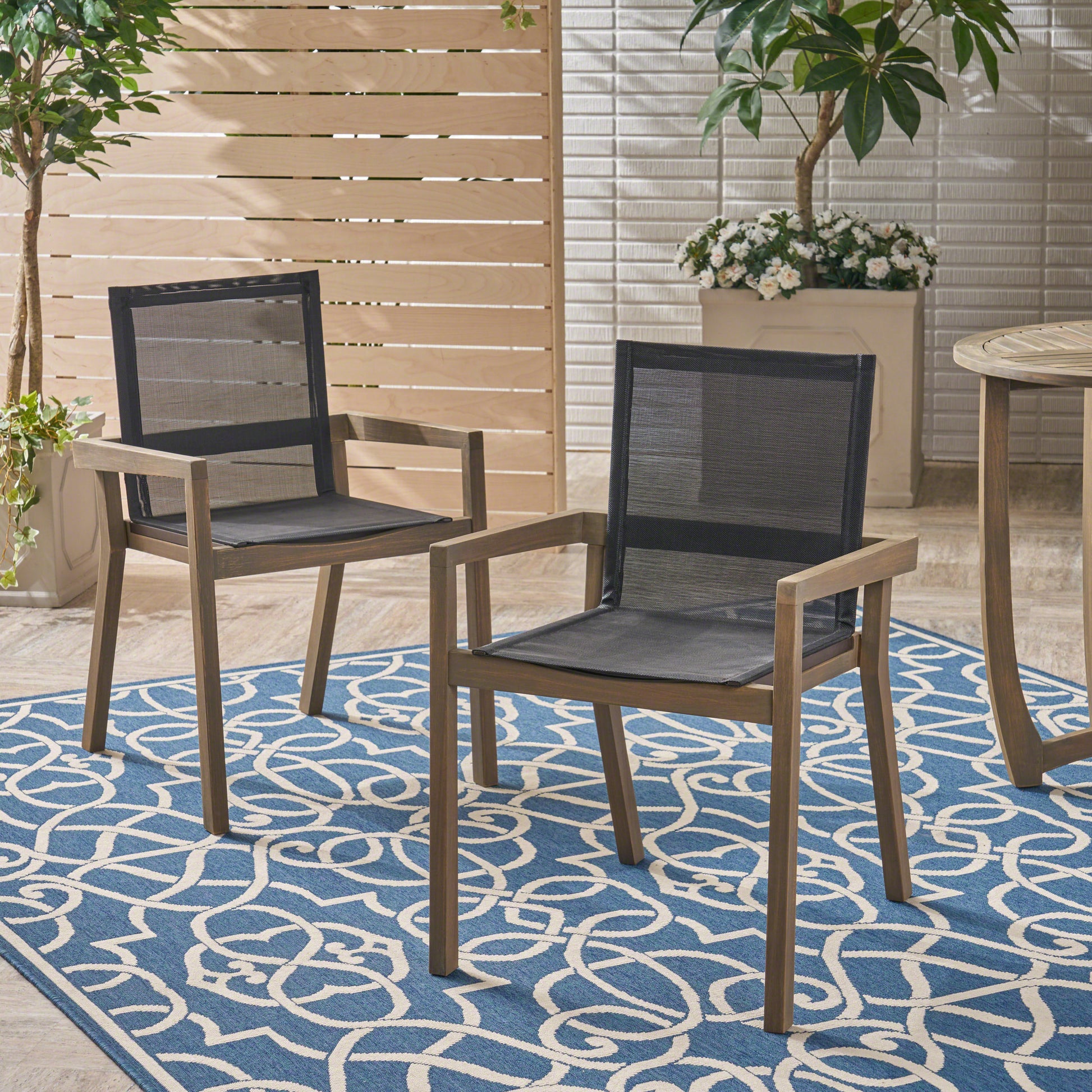 Modern Acacia Wood Patio Chairs with Durable Mesh Seating & Grey Finish (Set of 2)