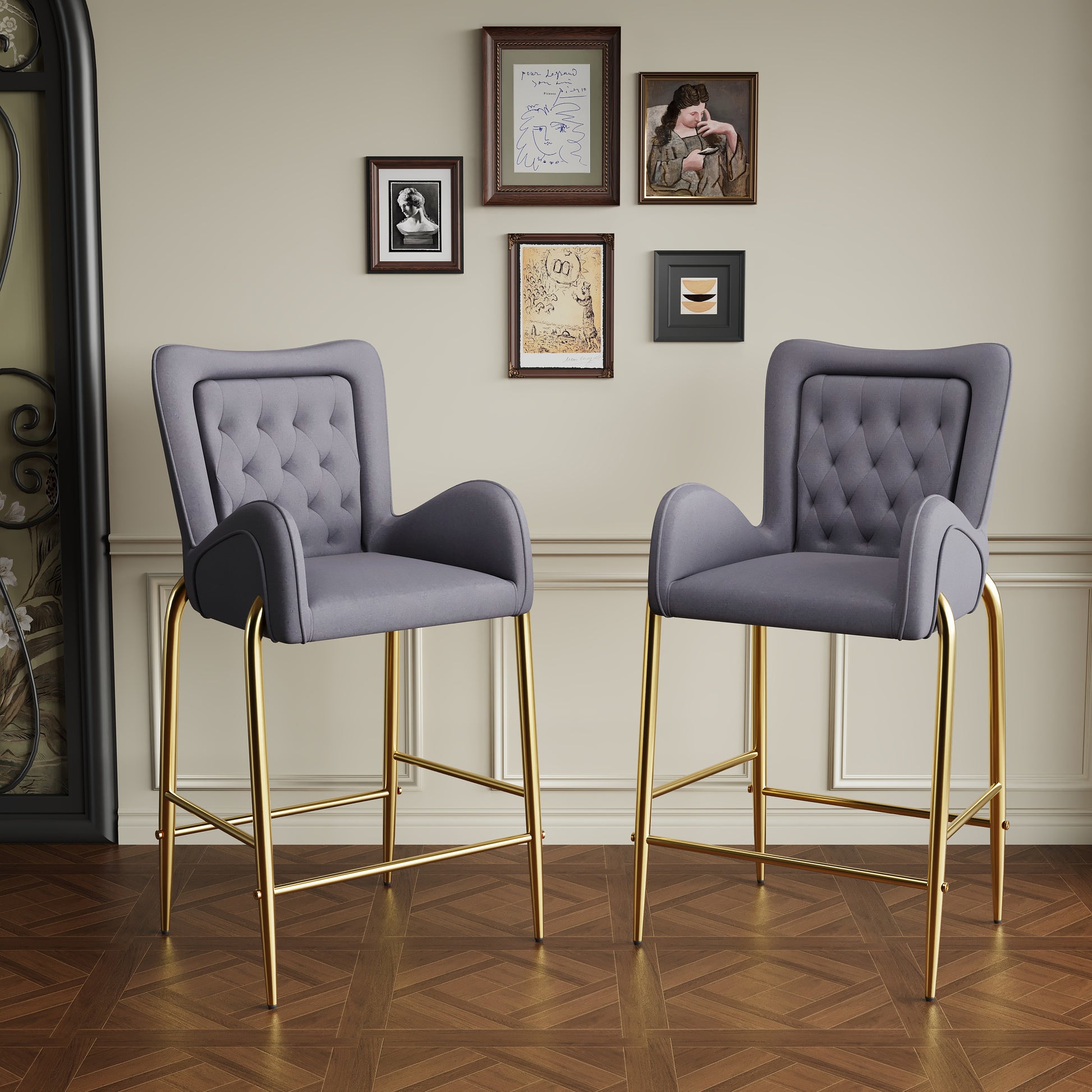 Counter Height Bar Stools Set of 2 Velvet Upholstered Stools with Golden Legs
