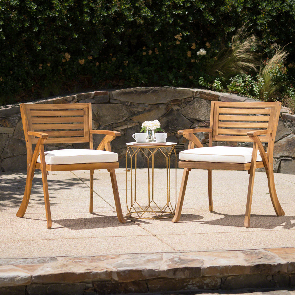 2-Piece Outdoor Wood Dining Chair Set with Cream Cushions, KD Frame