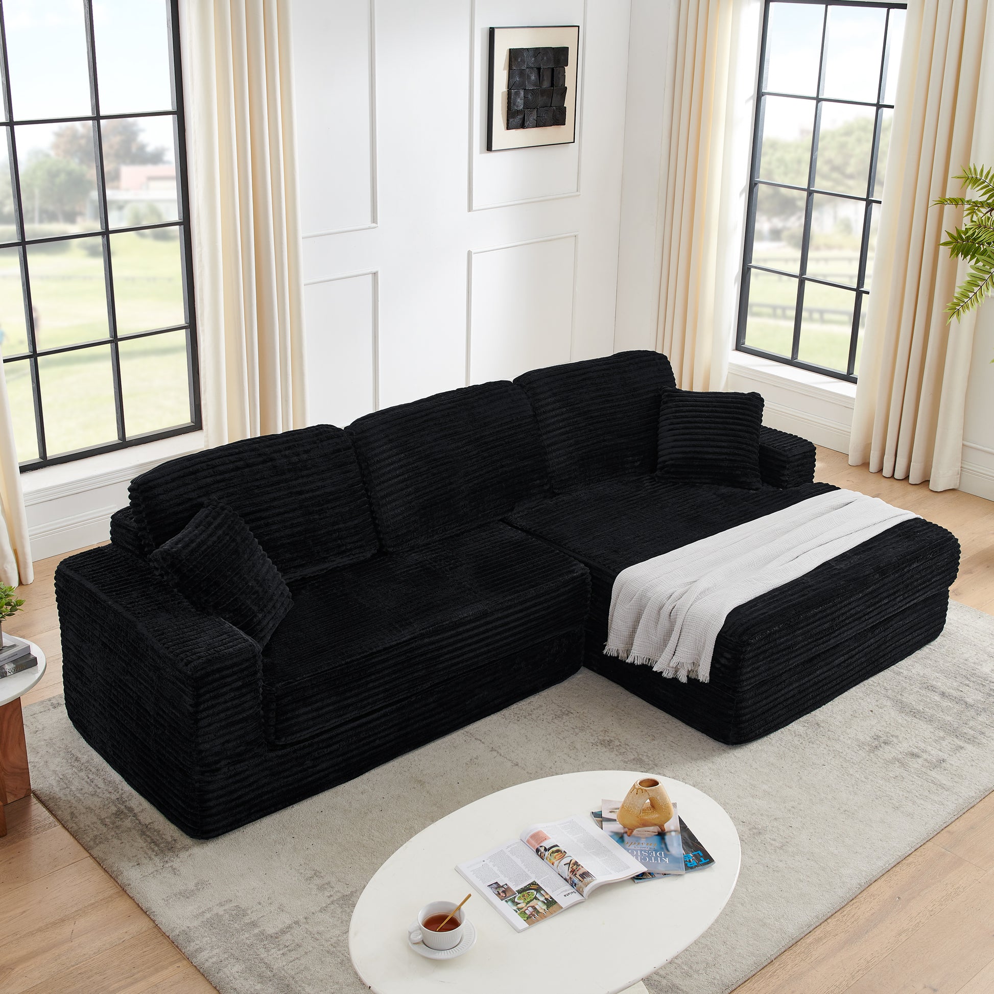 Black Corduroy L-Shape Modular Sectional Sofa, Convertible Sleeper Couch for Living Room