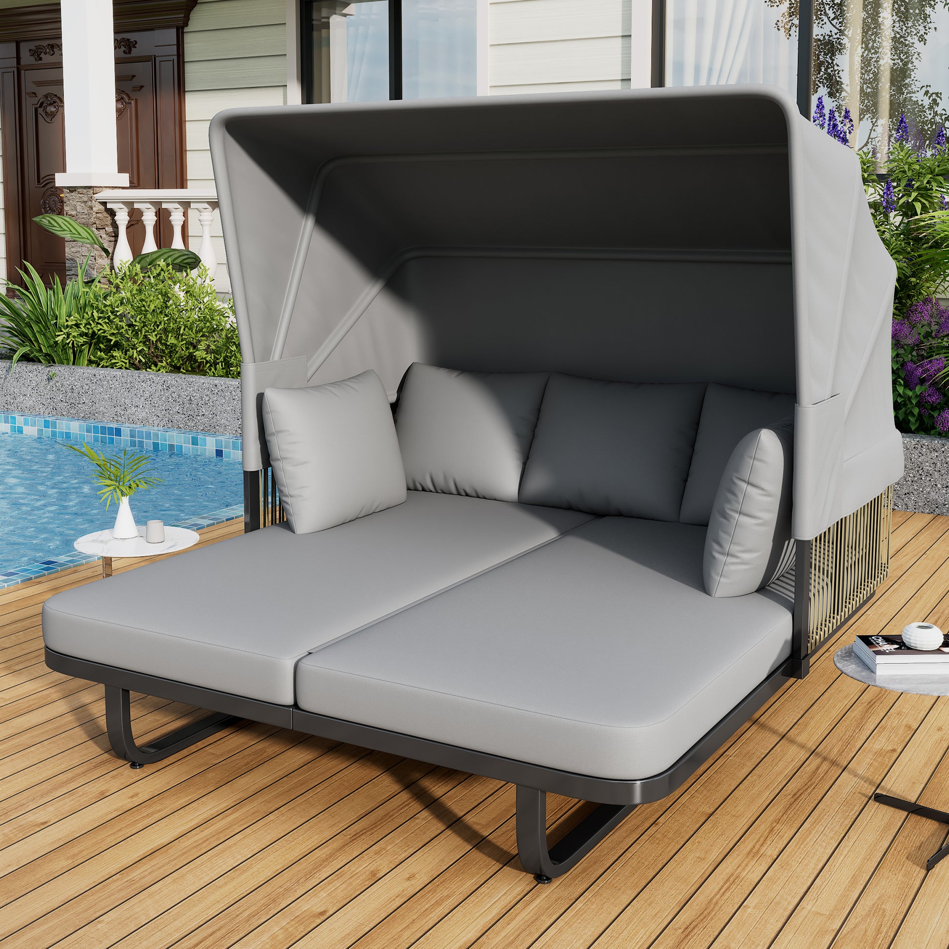 57" Outdoor Patio Daybed Rattan Daybed Outdoor Sunbed with Detachable Pillows for Patio, Backyard, Pool, Grey