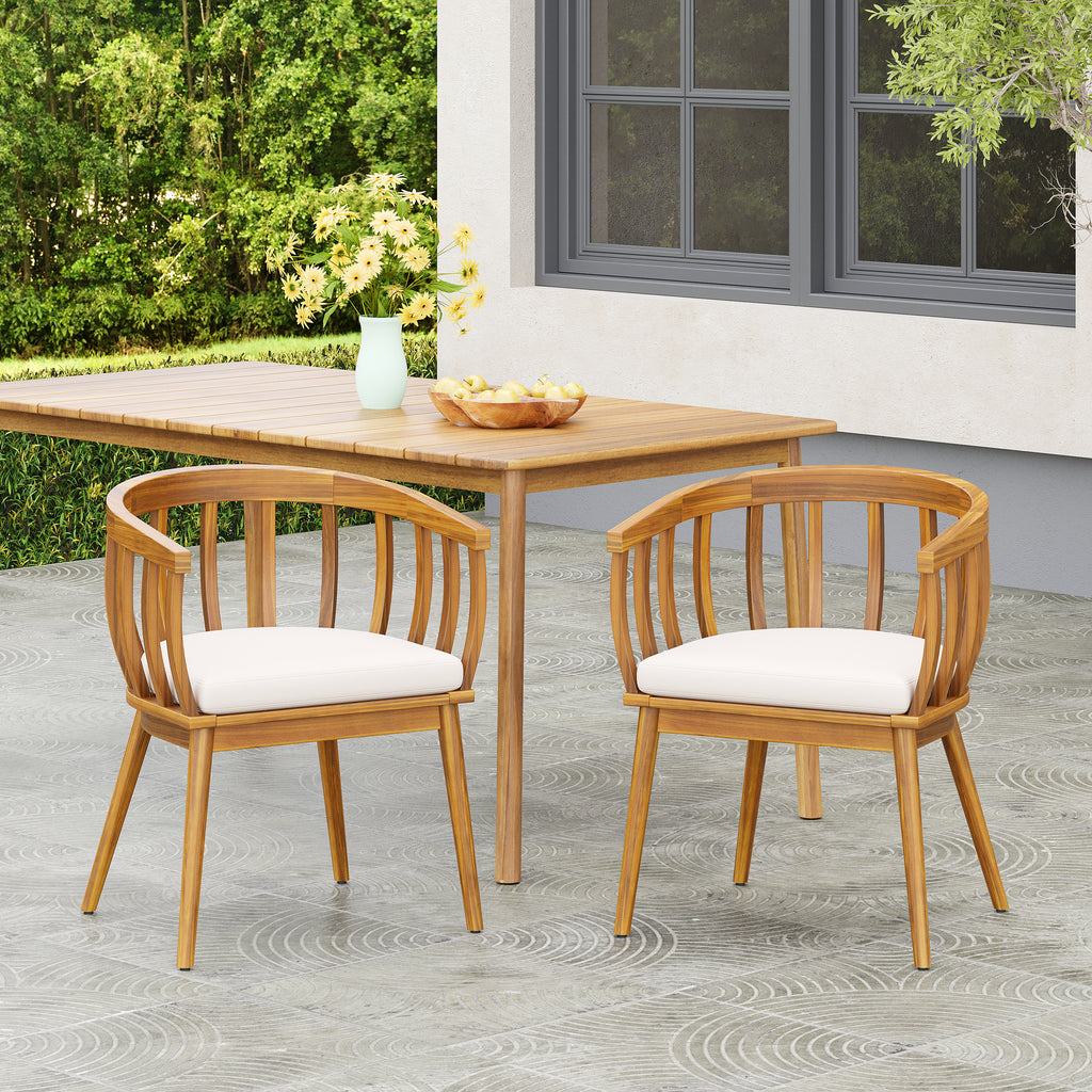 Set of 2 Outdoor Dining Armchair with Cushion – Acacia Wood Patio Chair for Deck, Backyard