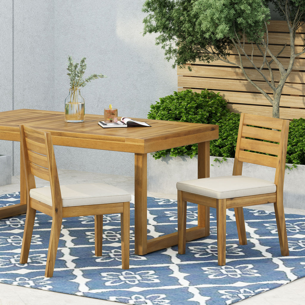 2-Pack Natural Wood Outdoor Armless Dining Chairs with Beige Cushions Patio Seating for Backyard