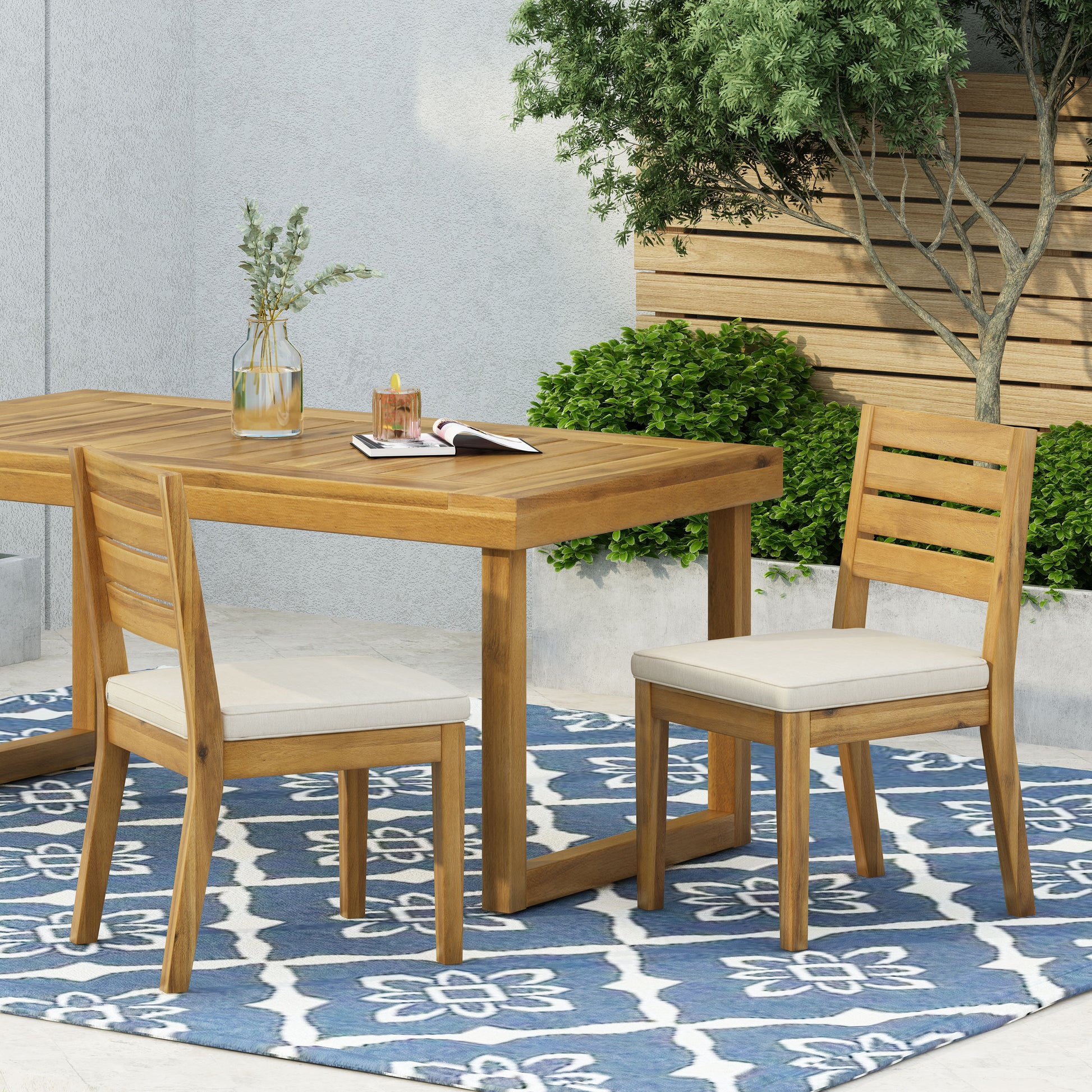 2-Pack Natural Wood Outdoor Armless Dining Chairs with Beige Cushions Patio Seating for Backyard